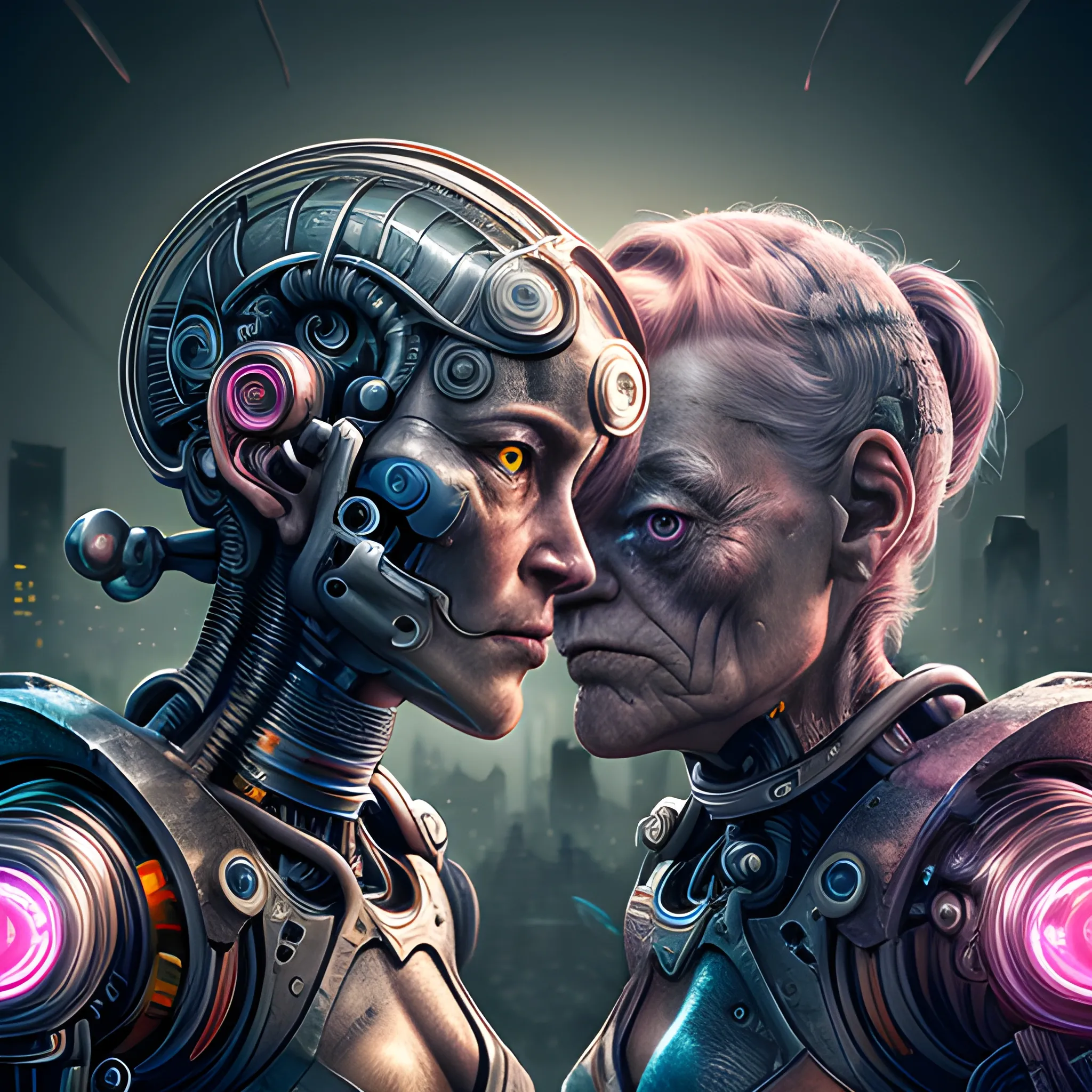 A microscopically detailed digital art, this high resolution art of an aged and malfunctioned half-machine half-female battle-cyborg which is fighting on the war-zone-city is a true masterpiece. (photorealistic), (8K), (dark and dimmed lighting), (colourful), (half-side angle), (mercury),