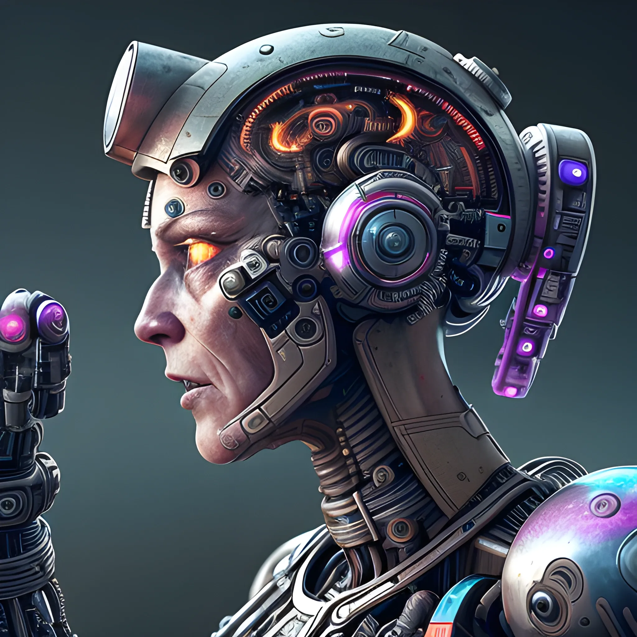 A microscopically detailed digital art, this high resolution art of an aged malfunctioned half-machine half-female battle-cyborg which is fighting on the war-zone-city is a true masterpiece. (photorealistic), (8K), (dark and dimmed lighting), (colourful), (half-side angle), (mercury),