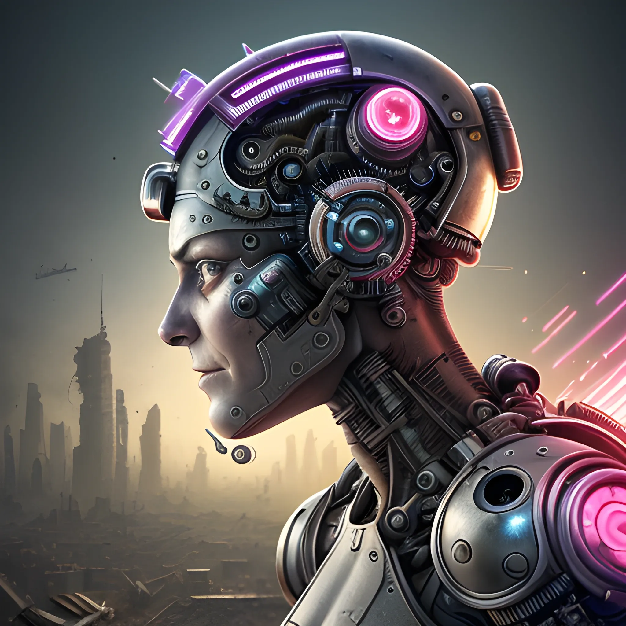 A microscopically detailed digital art, this high resolution art of an aged half-machine half-female battle-cyborg which is fighting on the war-zone-city is a true masterpiece. (photorealistic), (8K), (dark and dimmed lighting), (colourful), (half-side angle), (malfunction),