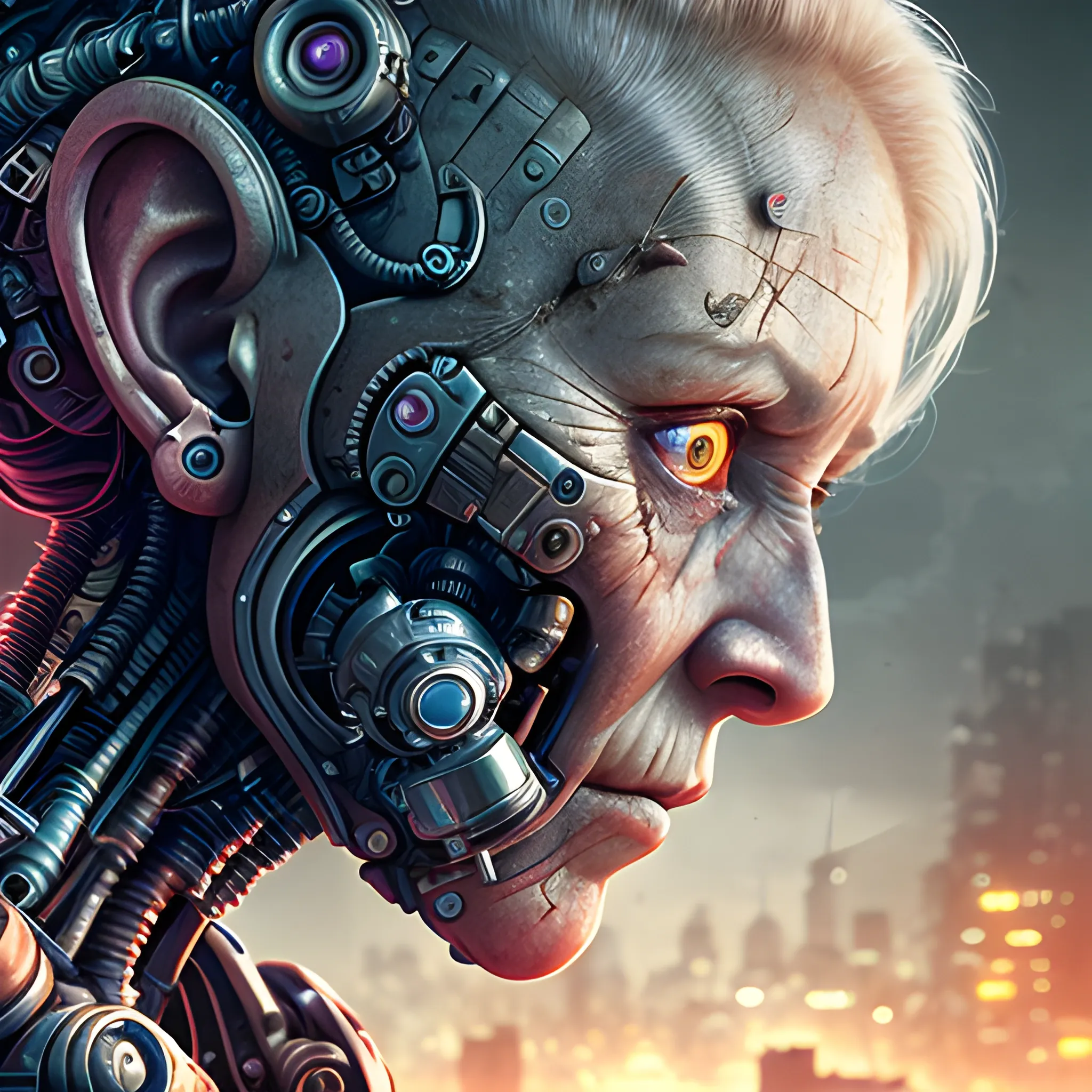 A microscopically detailed digital art, this high resolution art of an aged half-machine half-female battle-cyborg which is fighting on the war-zone-city is a true masterpiece. (photorealistic), (8K), (dark and dimmed lighting), (colourful), (half-side angle), (decay),