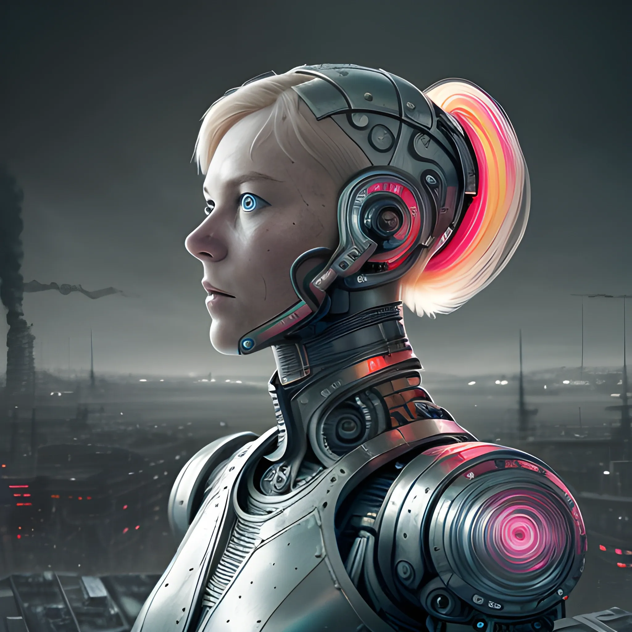 A microscopically detailed digital fine-art, this high resolution art of scandinavian female-cyborg which is fighting on the dystopian war-zone-city is a true masterpiece. (photorealistic), (8K), (dark and dimmed lighting), (colourful), (half-side angle), (),