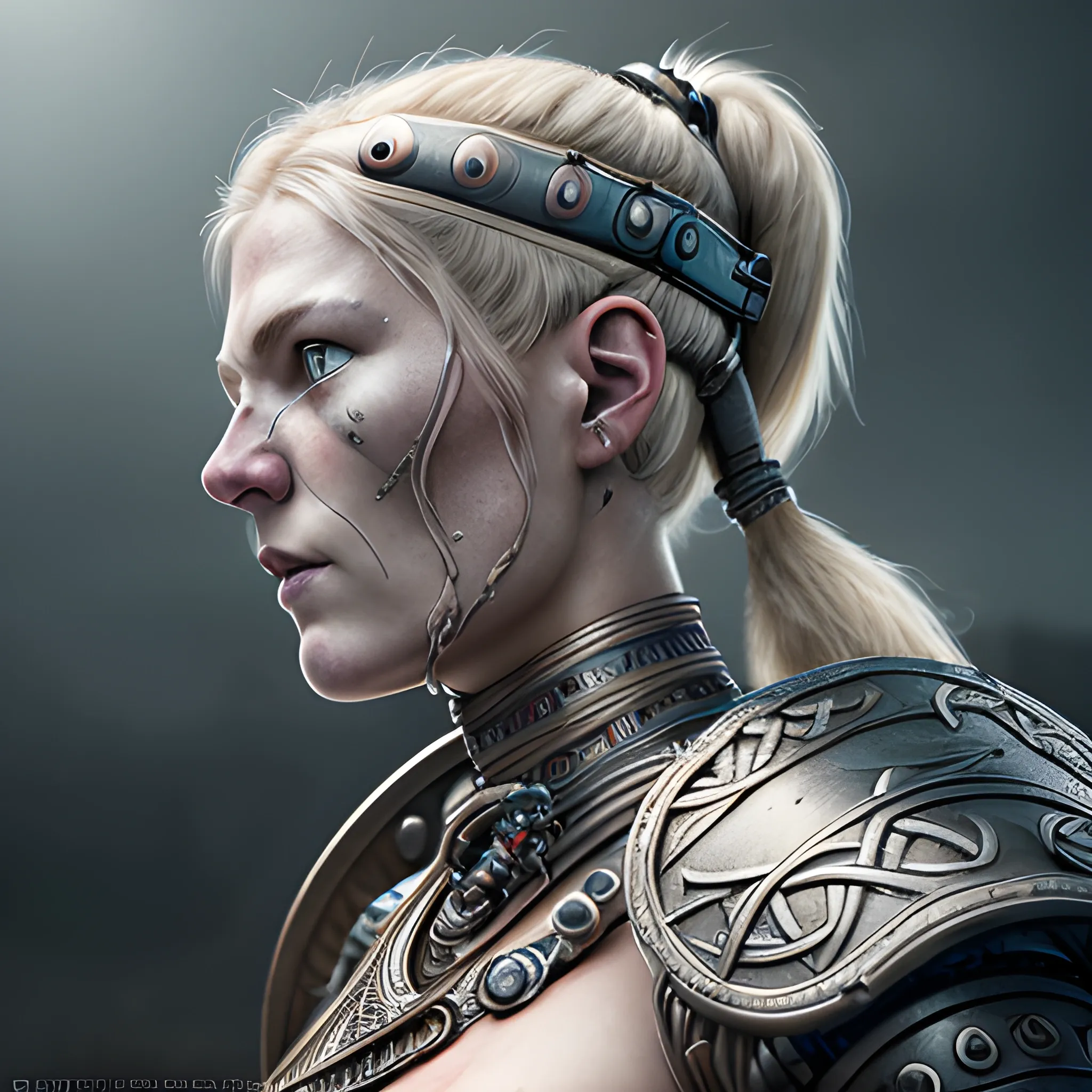 A microscopically detailed digital fine-art, this high resolution art of scandinavian viking-detailed female-cyborg which is fighting on the celtic city is a true masterpiece. (photorealistic), (8K), (dark and dimmed lighting), (colourful), (half-side angle), (looks to the camera),