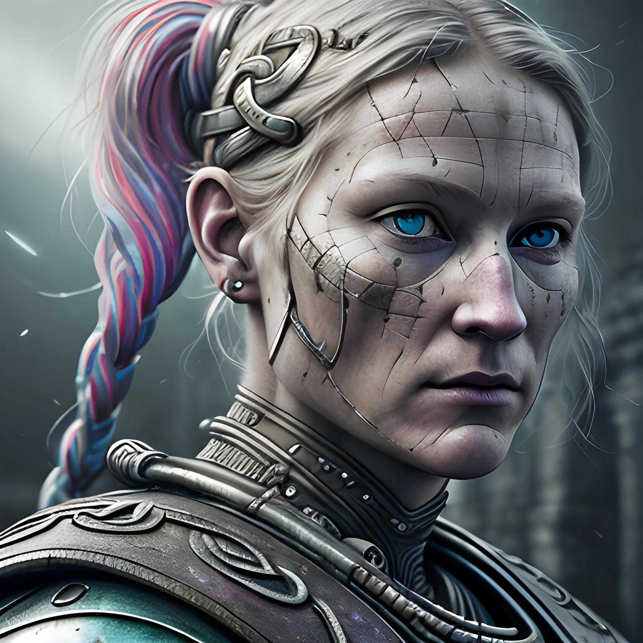 A microscopically detailed digital fine-art, this high resolution art of scandinavian viking-detailed female-cyborg which is fighting on the celtic city is a true masterpiece. (photorealistic), (8K), (dark and dimmed lighting), (colourful), (wide portrait), (looks to the camera),