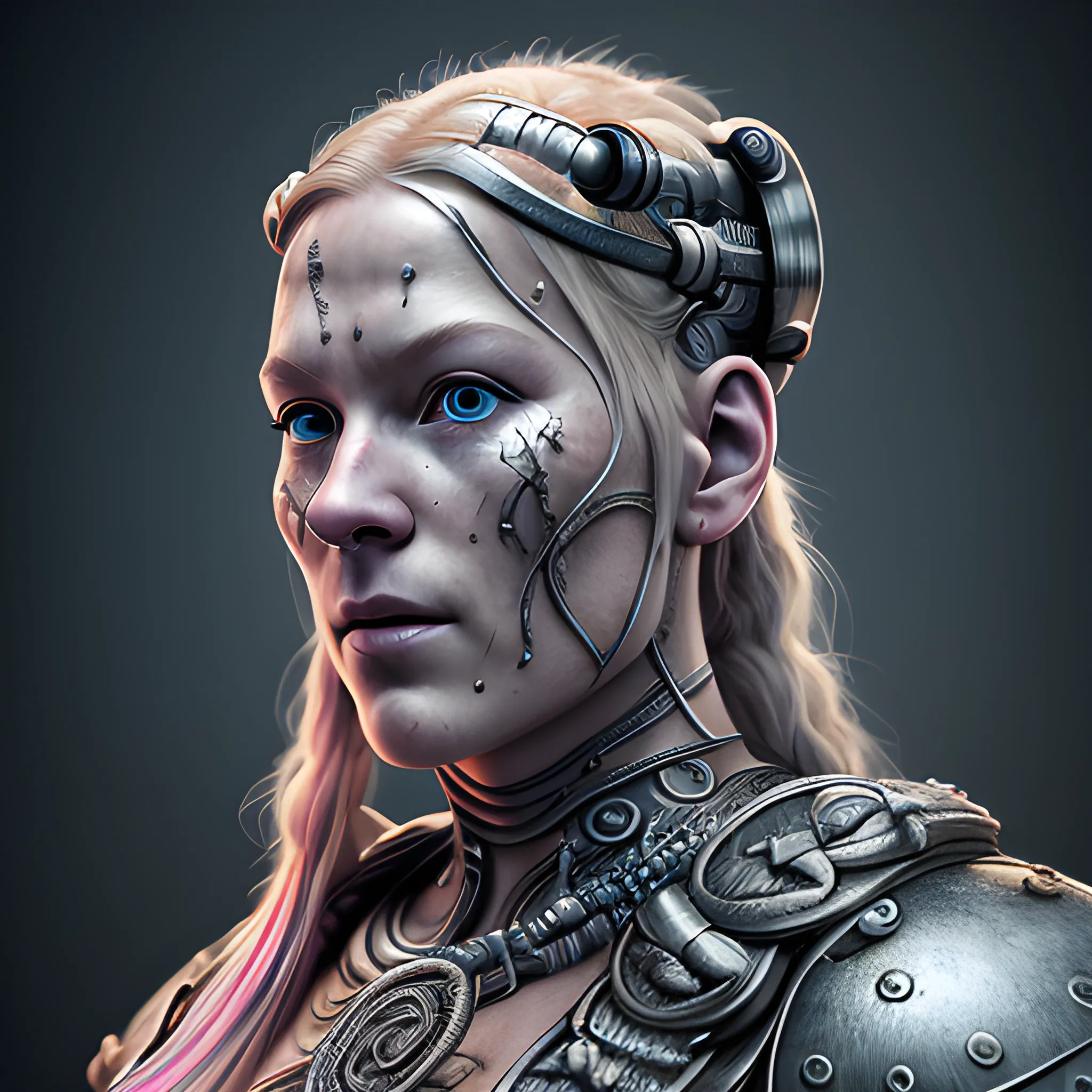 A microscopically detailed digital fine-art, this high resolution art of scandinavian viking-detailed female-cyborg which is fighting on the celtic city is a true masterpiece. (photorealistic), (8K), (dark and dimmed lighting), (colourful), (half-side), (whole body),