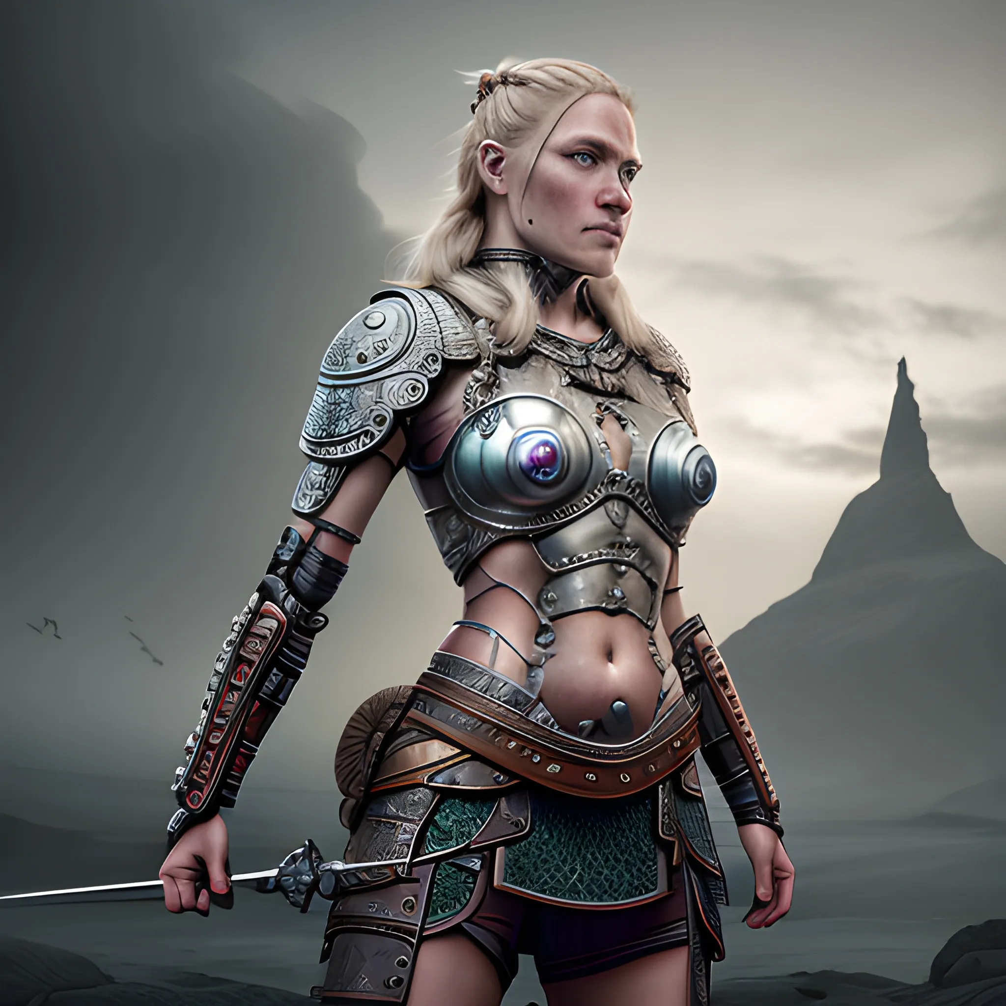 A microscopically detailed digital fine-art, this high resolution art of scandinavian viking-detailed female-cyborg which is fighting on the viking town is a true masterpiece. (photorealistic), (8K), (dark and dimmed lighting), (colourful), (half-side), (whole body),