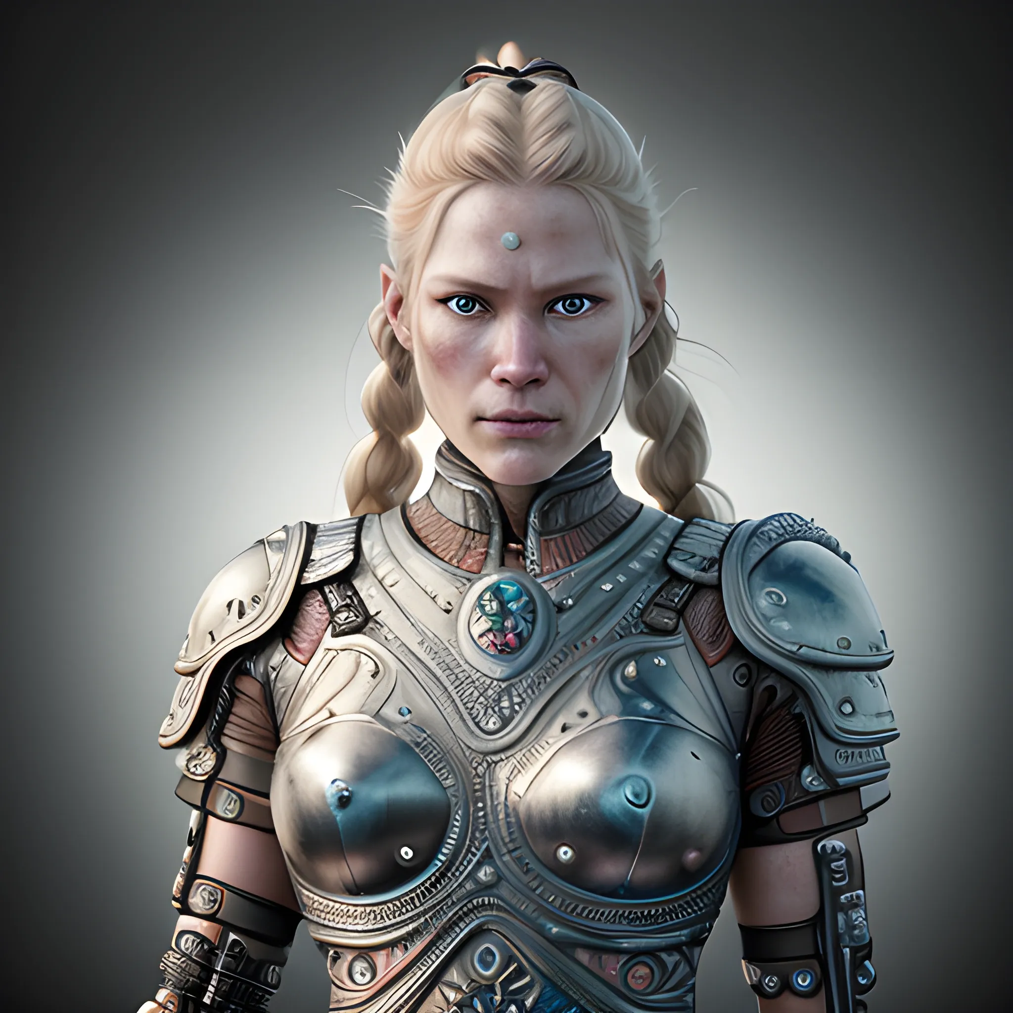 A microscopically detailed digital fine-art, this high resolution art of scandinavian viking-detailed female-cyborg which is fighting on the viking town is a true masterpiece. (photorealistic), (8K), (dark and dimmed lighting), (colourful), (half-side), (whole body),