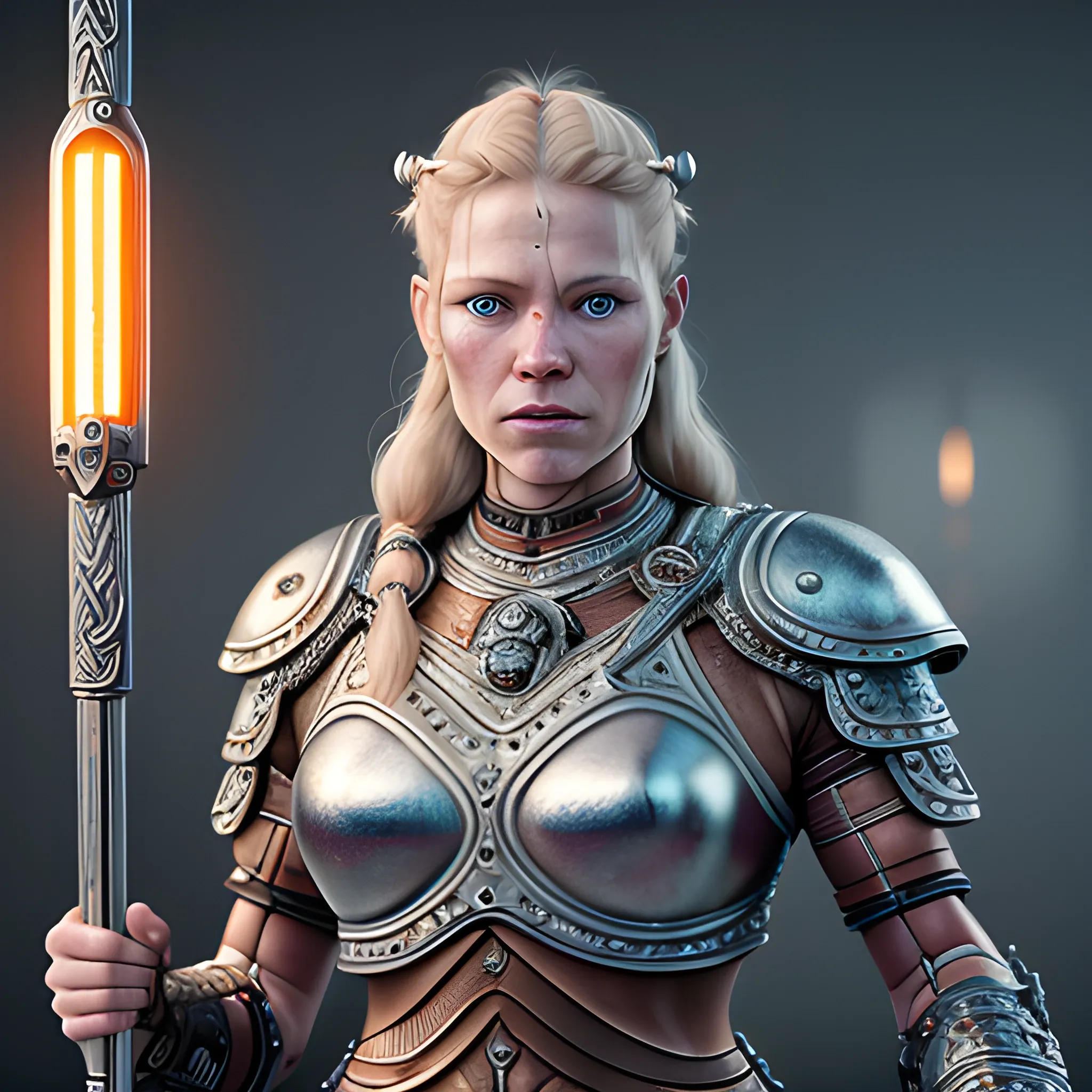 A microscopically detailed digital fine-art, this high resolution art of scandinavian viking-detailed female-cyborg which is fighting on the viking town is a true masterpiece. (photorealistic), (8K), (dark and dimmed lighting), (colourful), (half-side), (whole body), (3D render)