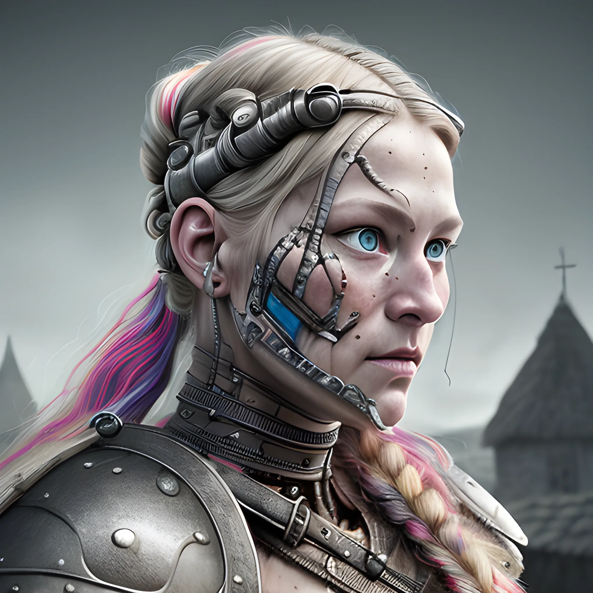 A microscopically detailed digital fine-art, this high resolution art of scandinavian viking-detailed female half-faced-cyborg which is fighting on the medieval village is a true masterpiece. (photorealistic), (8K), (dark and dimmed lighting), (colourful), (half-side), (whole body),