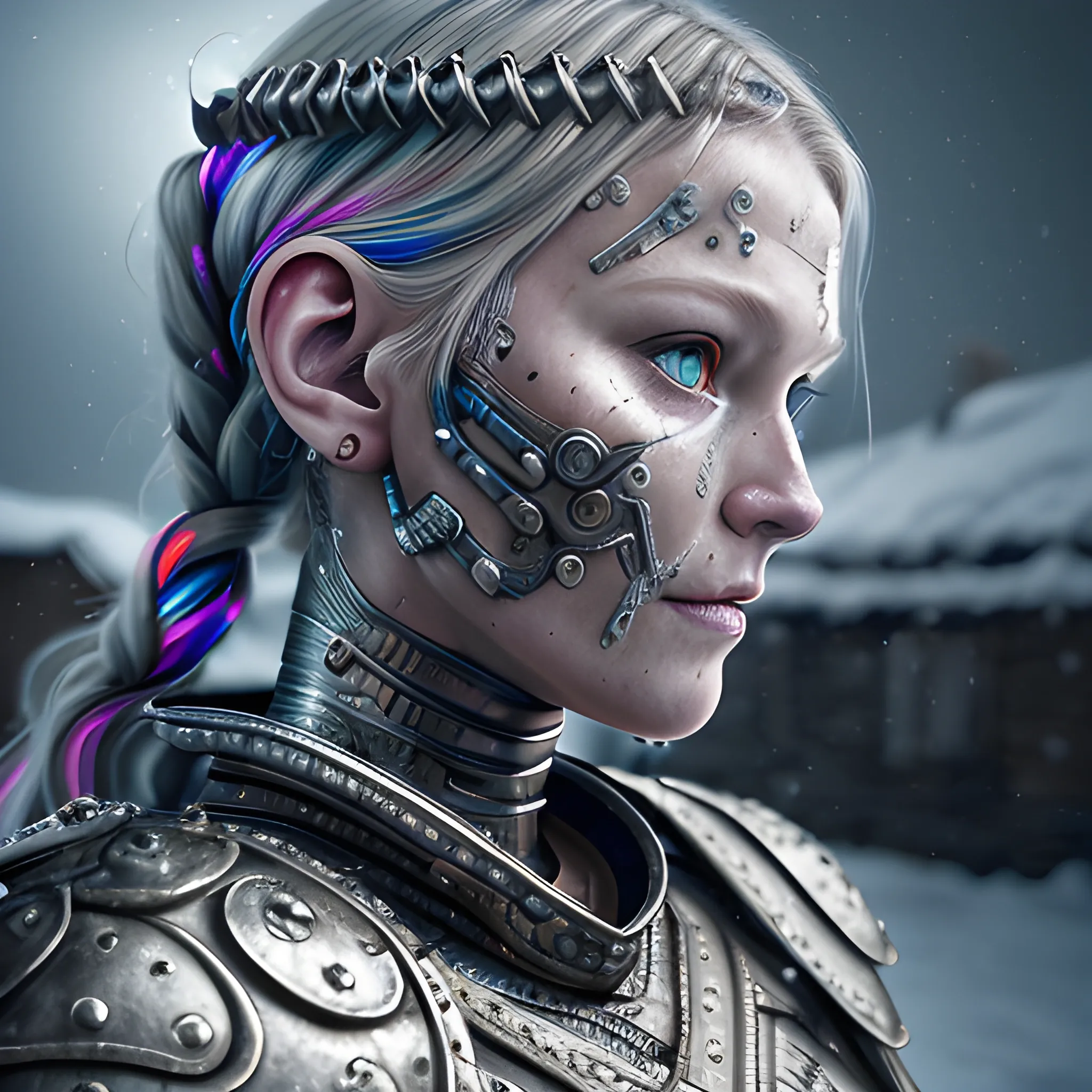 A microscopically detailed digital fine-art, this high resolution art of scandinavian viking-detailed female half-faced-metallic-cyborg which is fighting on the medieval village in snowy weather is a true masterpiece. (photorealistic), (8K), (dark and dimmed lighting), (colourful), (half-side), (whole body),