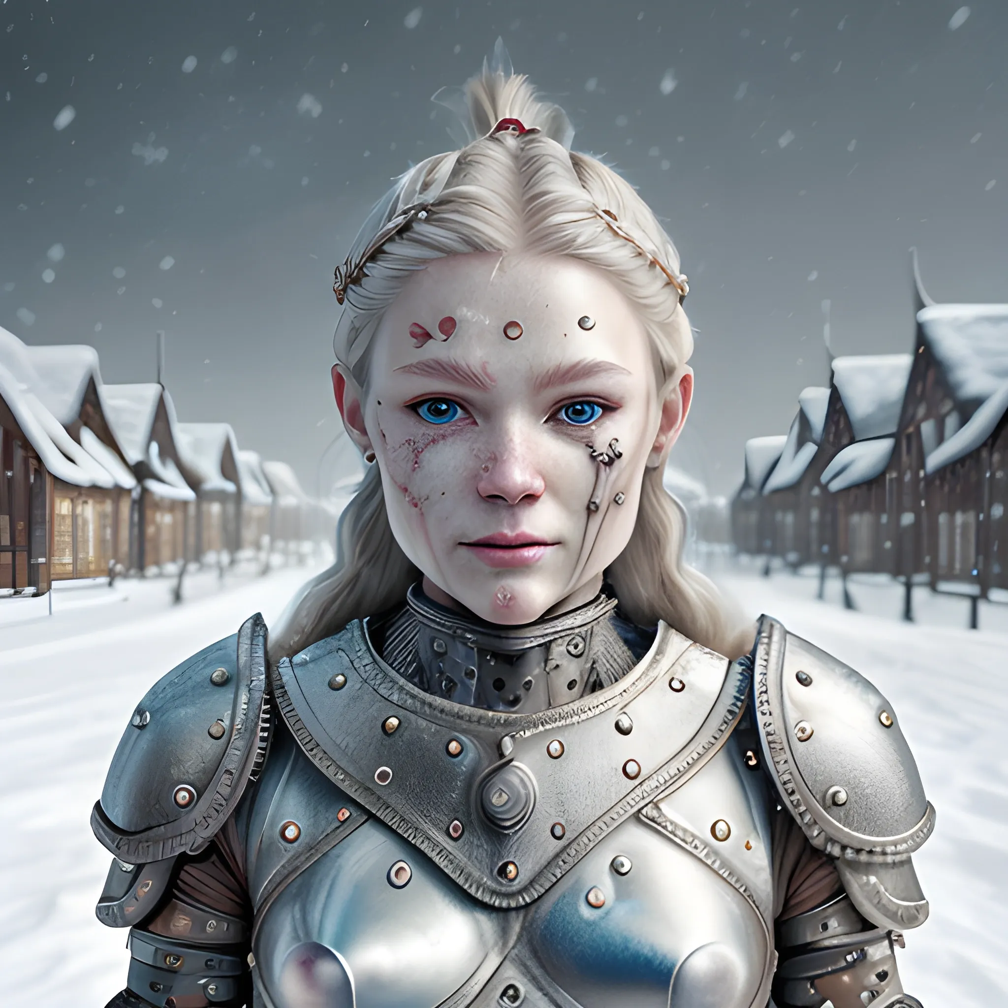 A microscopically detailed digital fine-art, this high resolution art of scandinavian viking-detailed female half-faced-metallic-cyborg which is fighting on the medieval village in snowy weather is a true masterpiece. (photorealistic), (8K), (colourful), (whole body), (snow)