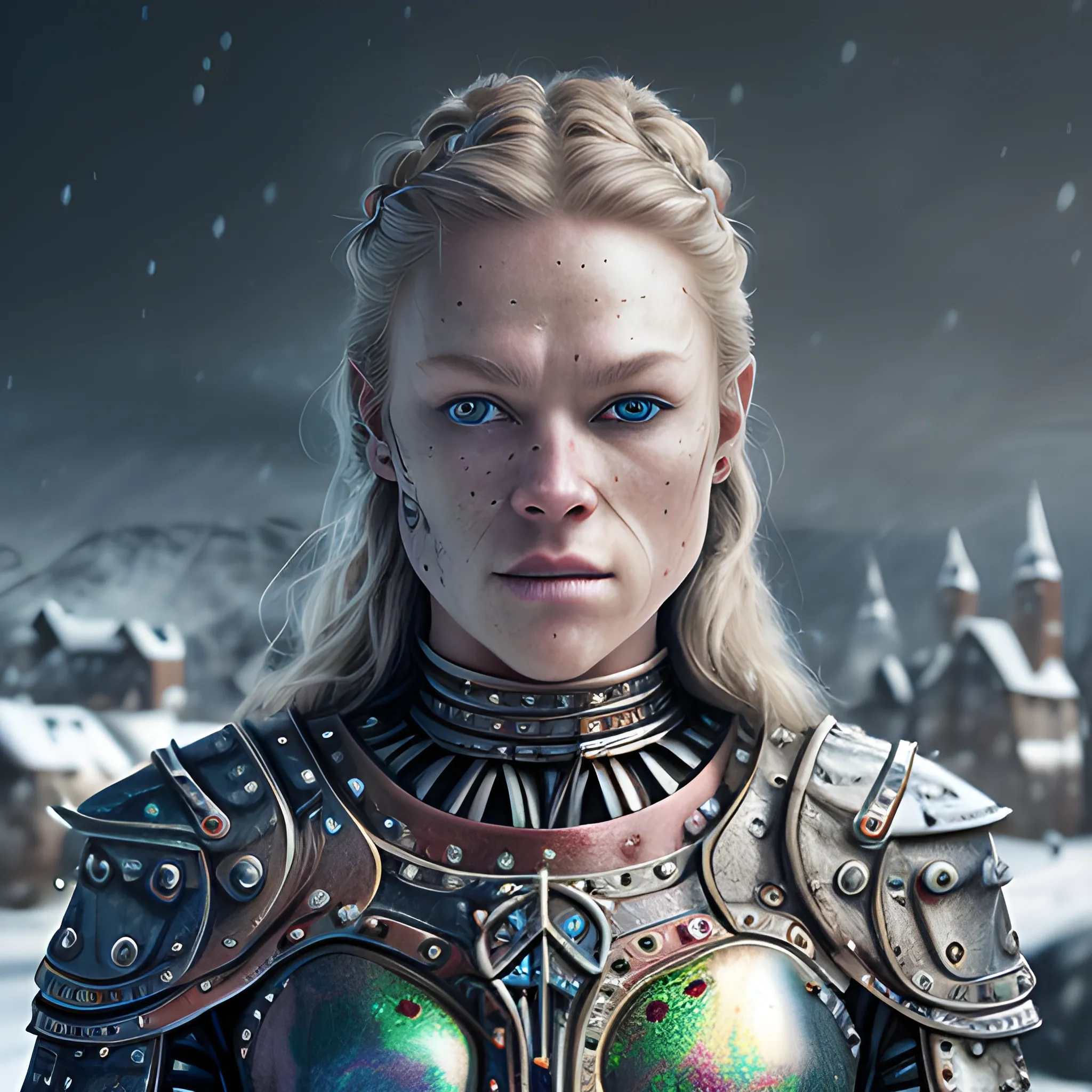 A microscopically detailed digital fine-art, this high resolution art of a proud scandinavian viking-detailed female half-faced-metallic-cyborg which is fighting on the medieval village in snowy weather is a true masterpiece. (photorealistic), (8K), (dark and dimmed lighting), (colourful), (whole body), (Metallica shirt on)