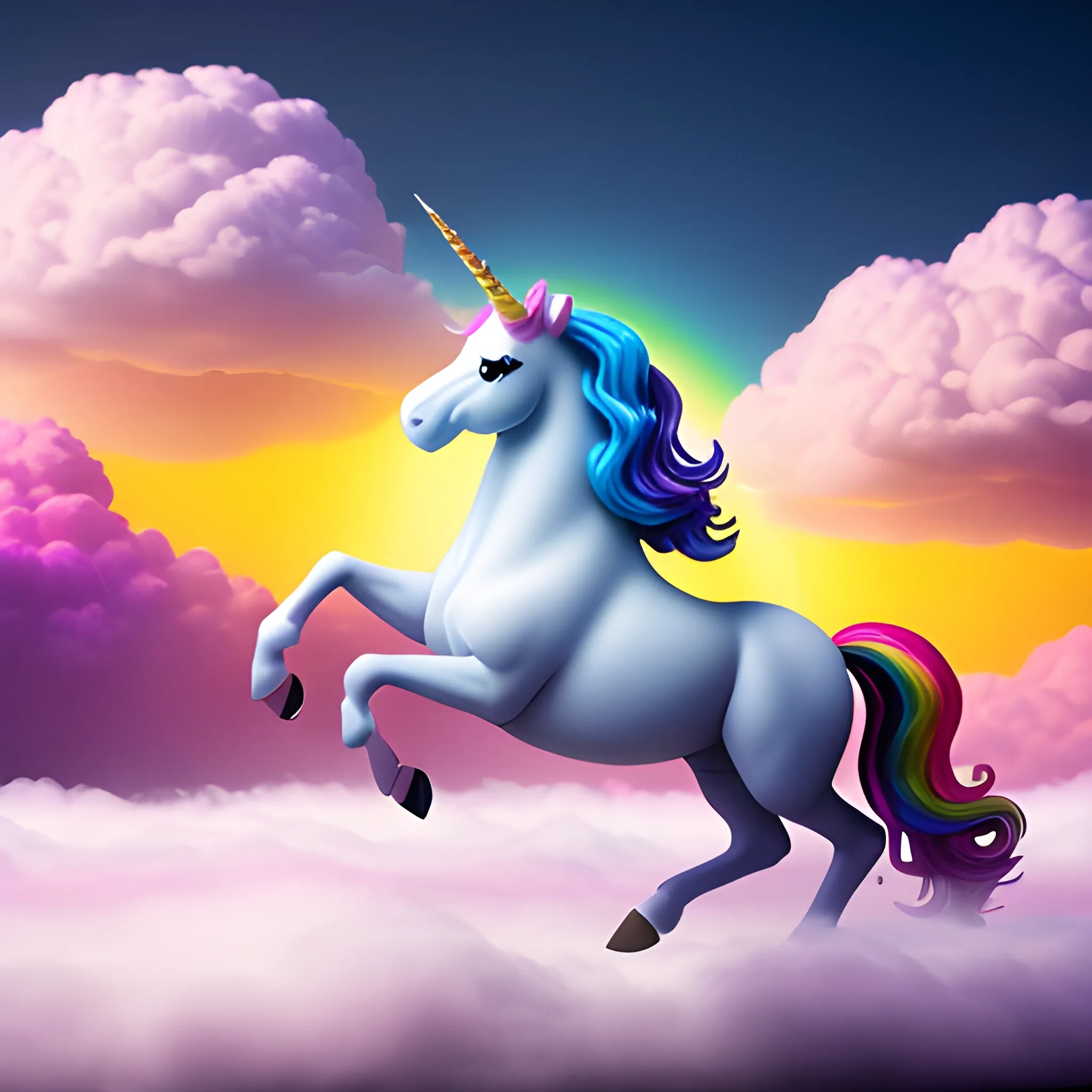 Fine art masterpiece about rainbow-coloured half machine half real unicorn galloping on the marshmallow cloud. Cinematic lighting, extremely detailed.