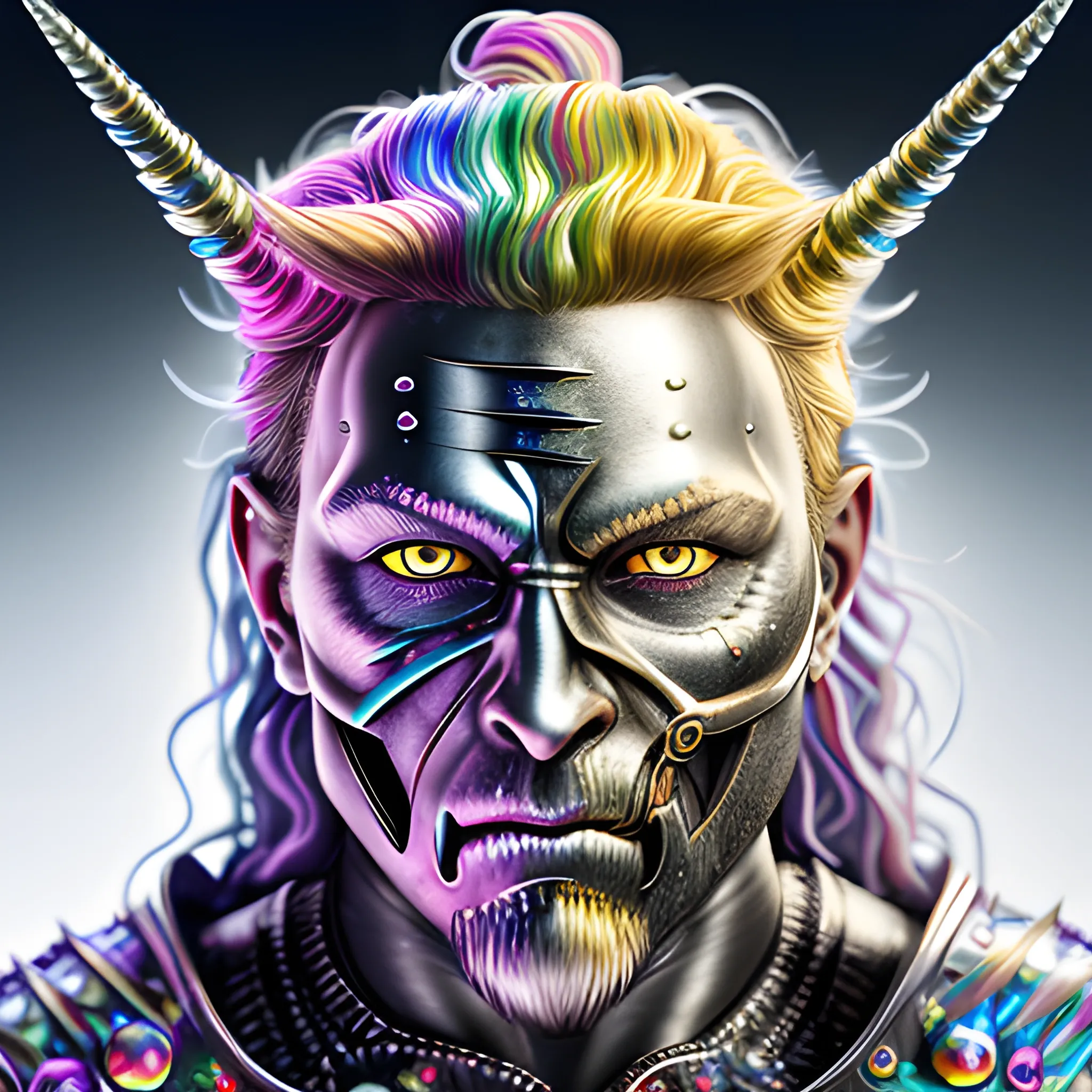 A microscopically detailed digital fine-art, this high resolution art of a rainbow coloured viking-detailed unicorn half-faced-metallic-cyborg which is fighting on the medieval village in snowy weather is a true masterpiece. (photorealistic), (8K), (dark and dimmed lighting), (colourful), (whole body), (Metallica shirt on)