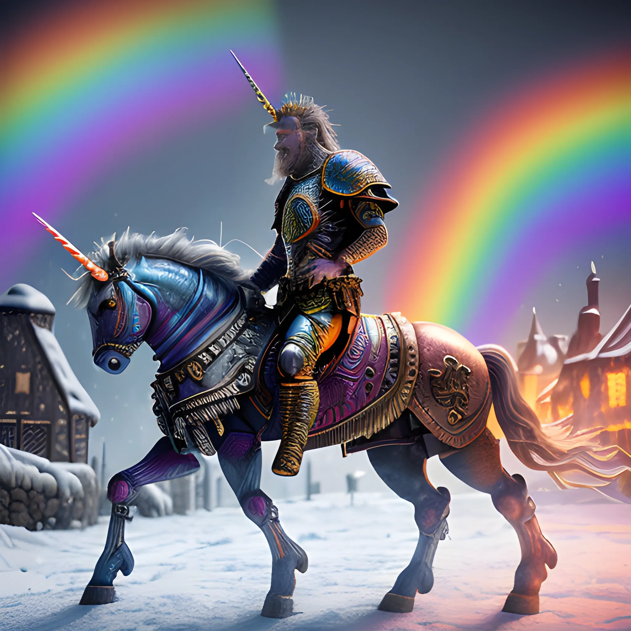 A microscopically detailed digital fine-art, this high resolution art of a rainbow coloured viking-detailed unicorn-cyborg which is fighting on the medieval village in snowy weather is a true masterpiece. (photorealistic), (8K), (dark and dimmed lighting), (colourful), (whole body), (Metallica shirt on)