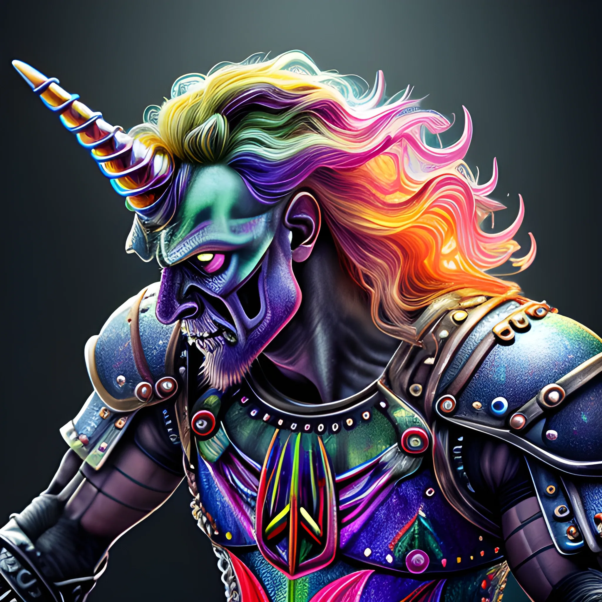 A microscopically detailed digital fine-art, this high resolution art of a rainbow coloured viking-detailed half-unicorn half-machine is fighting against enemy is a true masterpiece. (photorealistic), (8K), (dark and dimmed lighting), (desaturated), (moist cave), (colourful), (whole body), (Metallica shirt on)