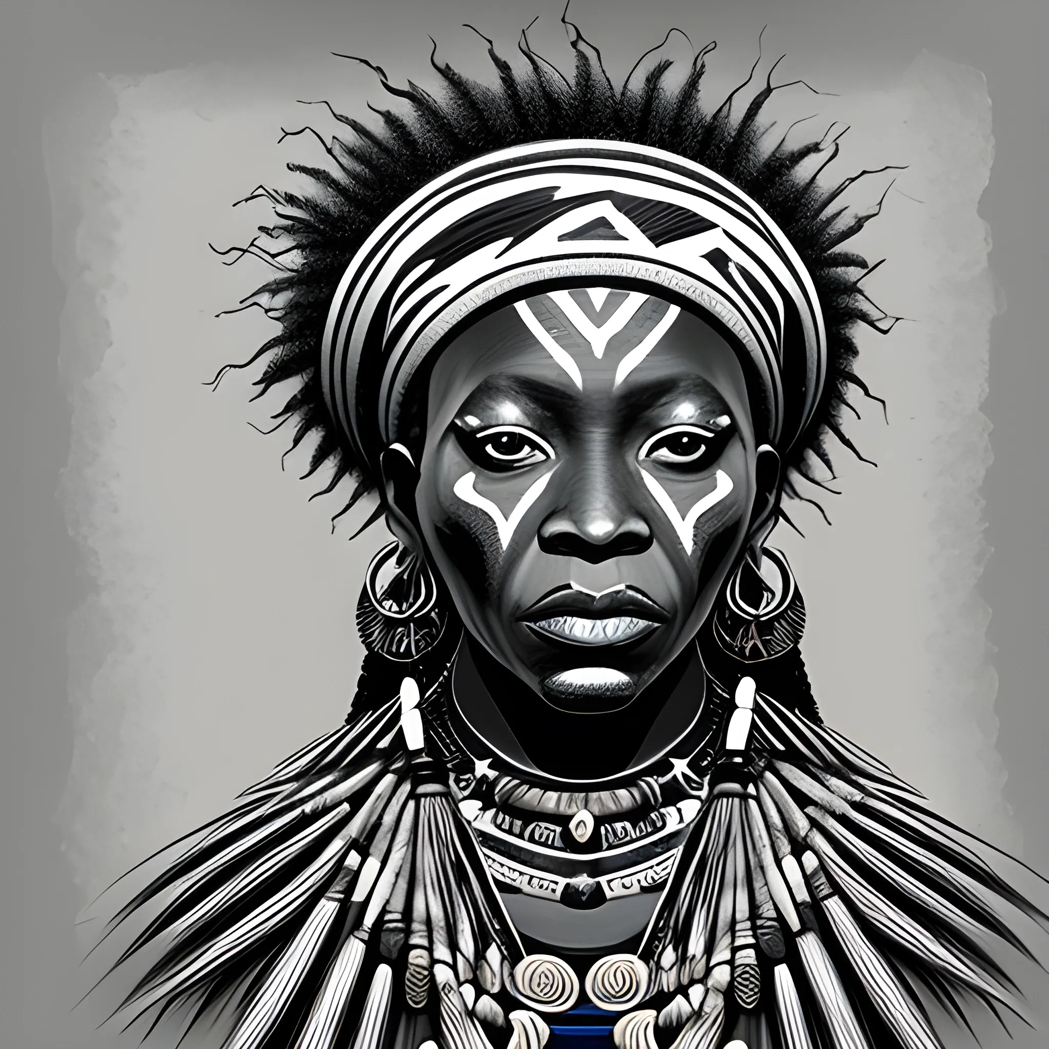 Female african shaman, expressionist, with bold, broad sketch strokes, high detail digital art, Pencil Sketch