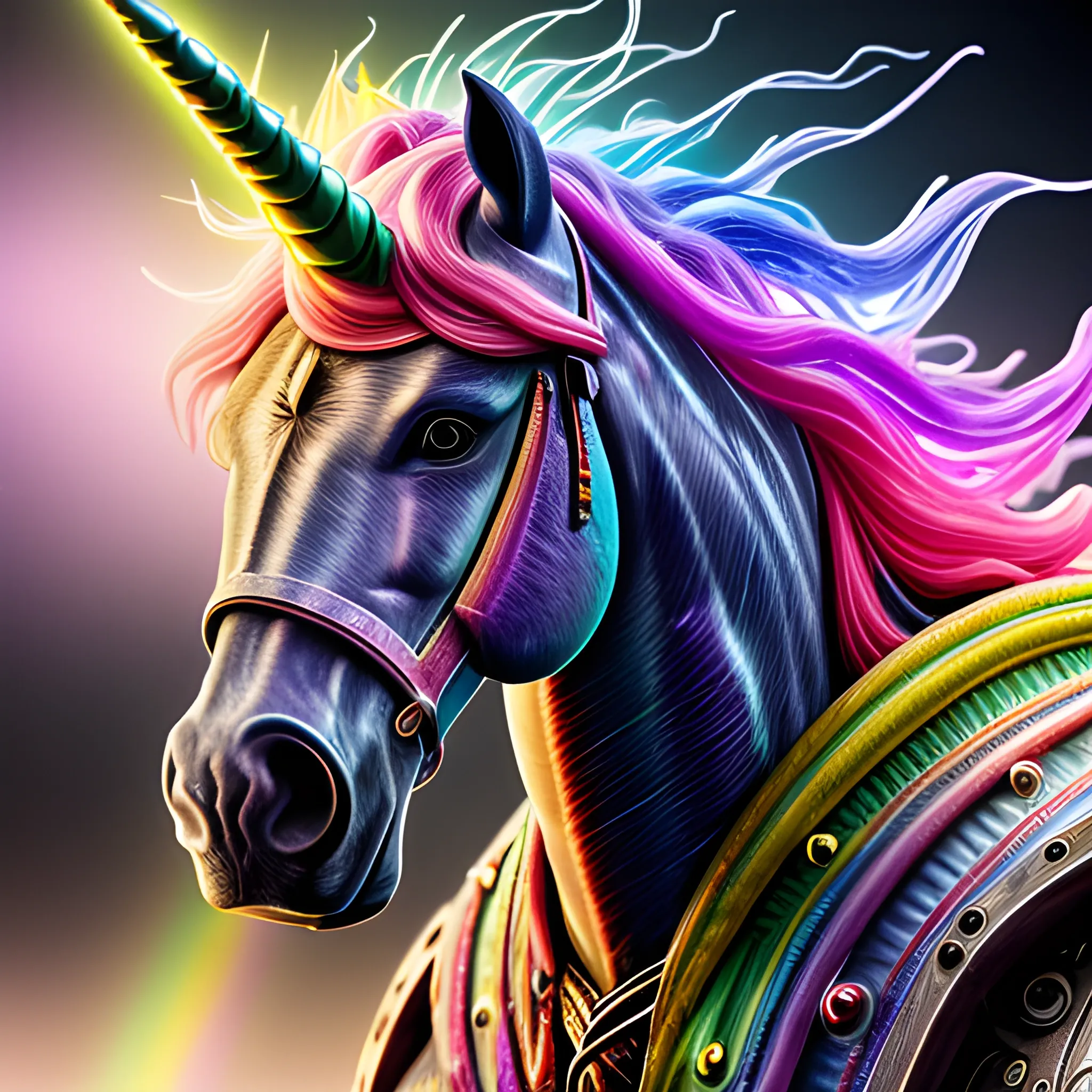 A microscopically detailed digital fine-art, this high resolution art of a rainbow coloured viking-detailed horse which is half-unicorn half-machine is fighting against enemy is a true masterpiece. (photorealistic), (8K), (dark and dimmed lighting), (desaturated), (moist cave), (colourful), (whole body), (Metallica shirt on)