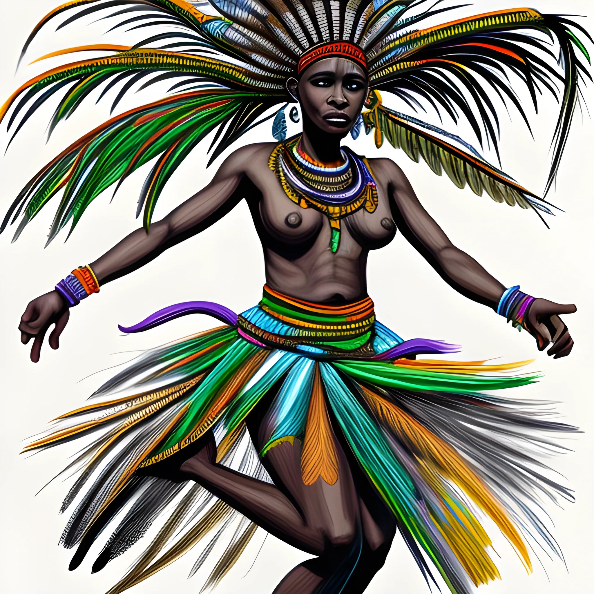 full body of a Female african shaman dancing in a tropical forest, expressionist, with bold, broad sketch strokes, high detail digital art, Pencil Sketch