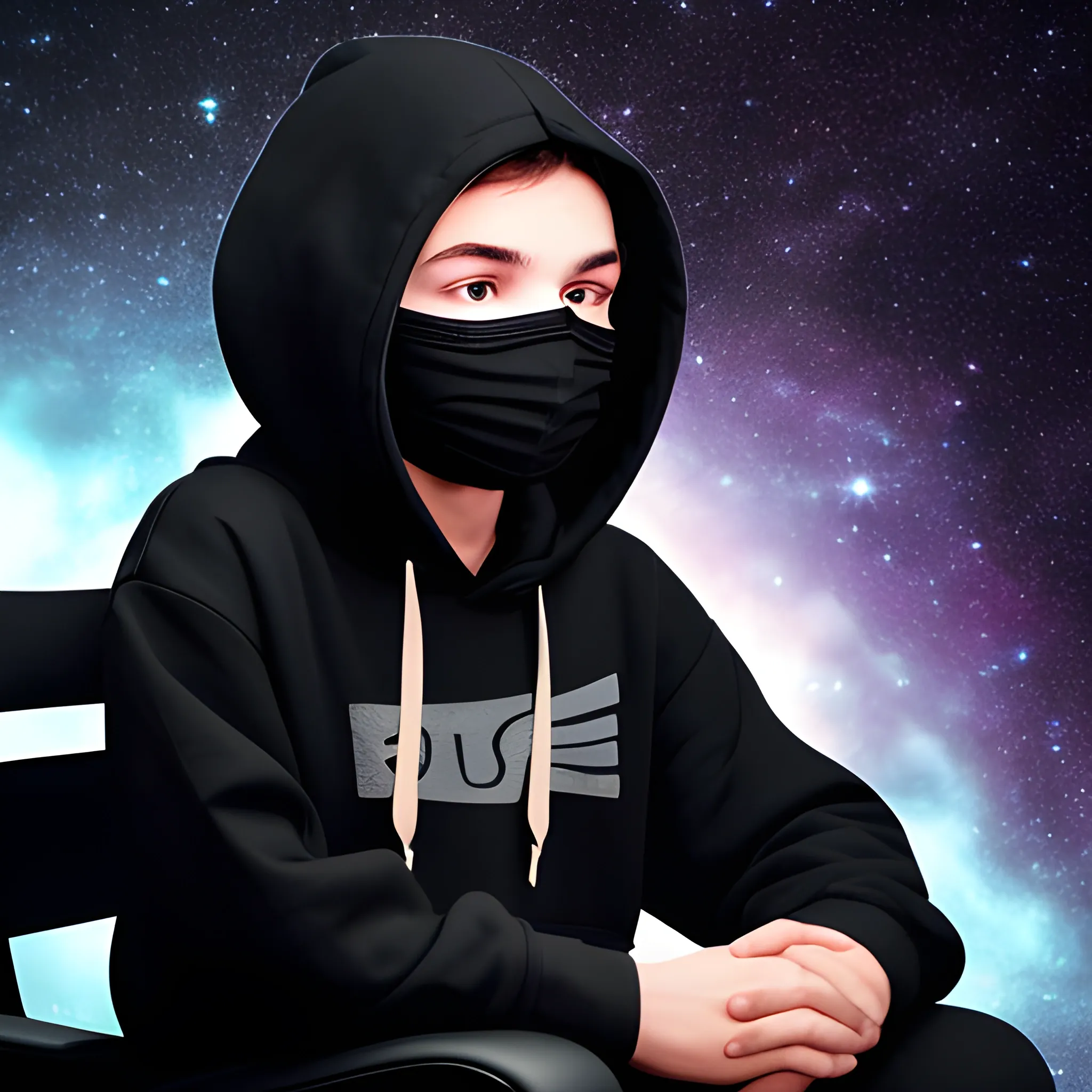 person wearing a black hoodie, full on plain black mask, facing camera, siting on a chair, background is a blurry galactic picture., Cartoon