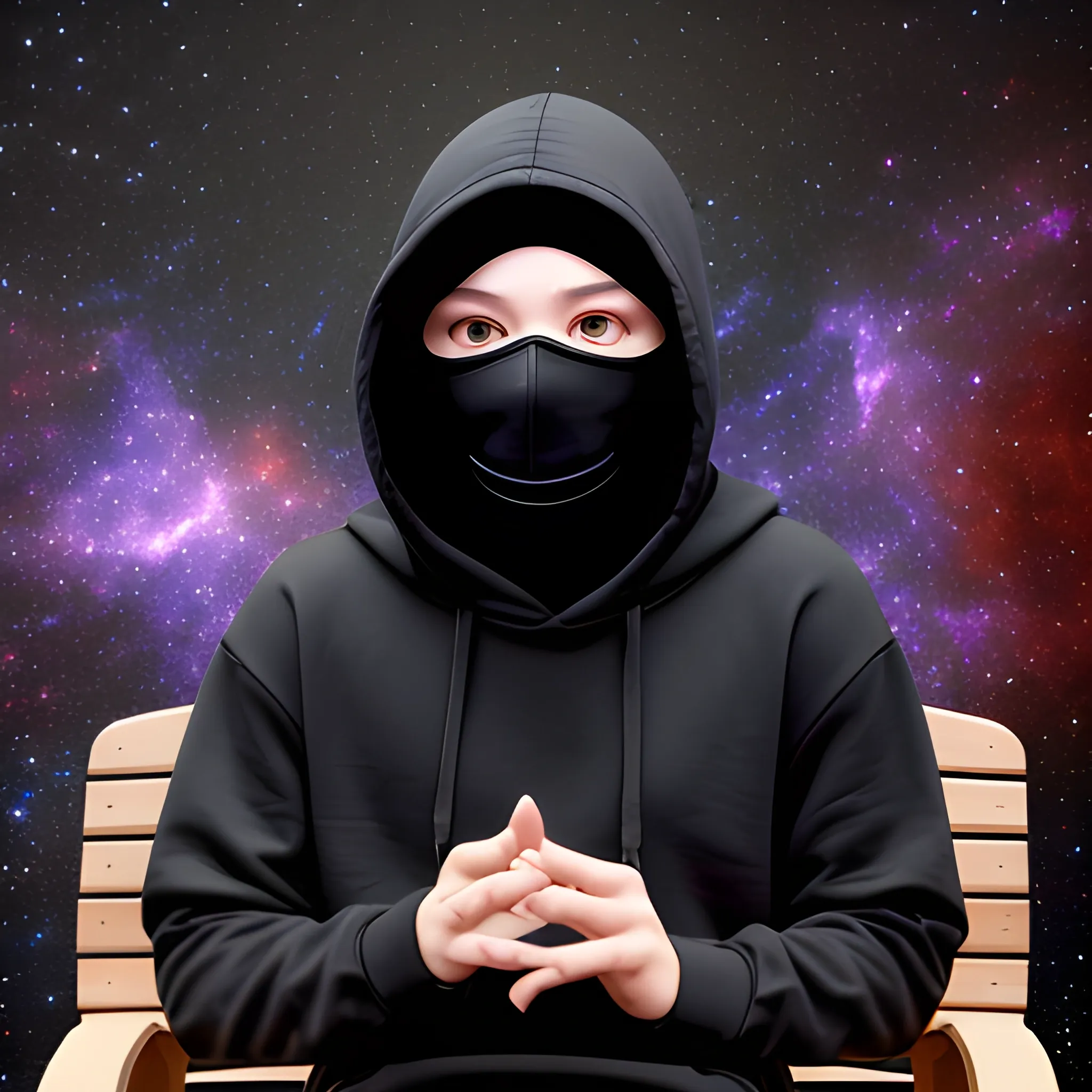 person wearing a black hoodie, plain black mask covering all of the face, outfit covers all the body, the person is centered, siting on a wooden chair, background is a blurry galactic picture, 3D, detailed, hyper realistic,