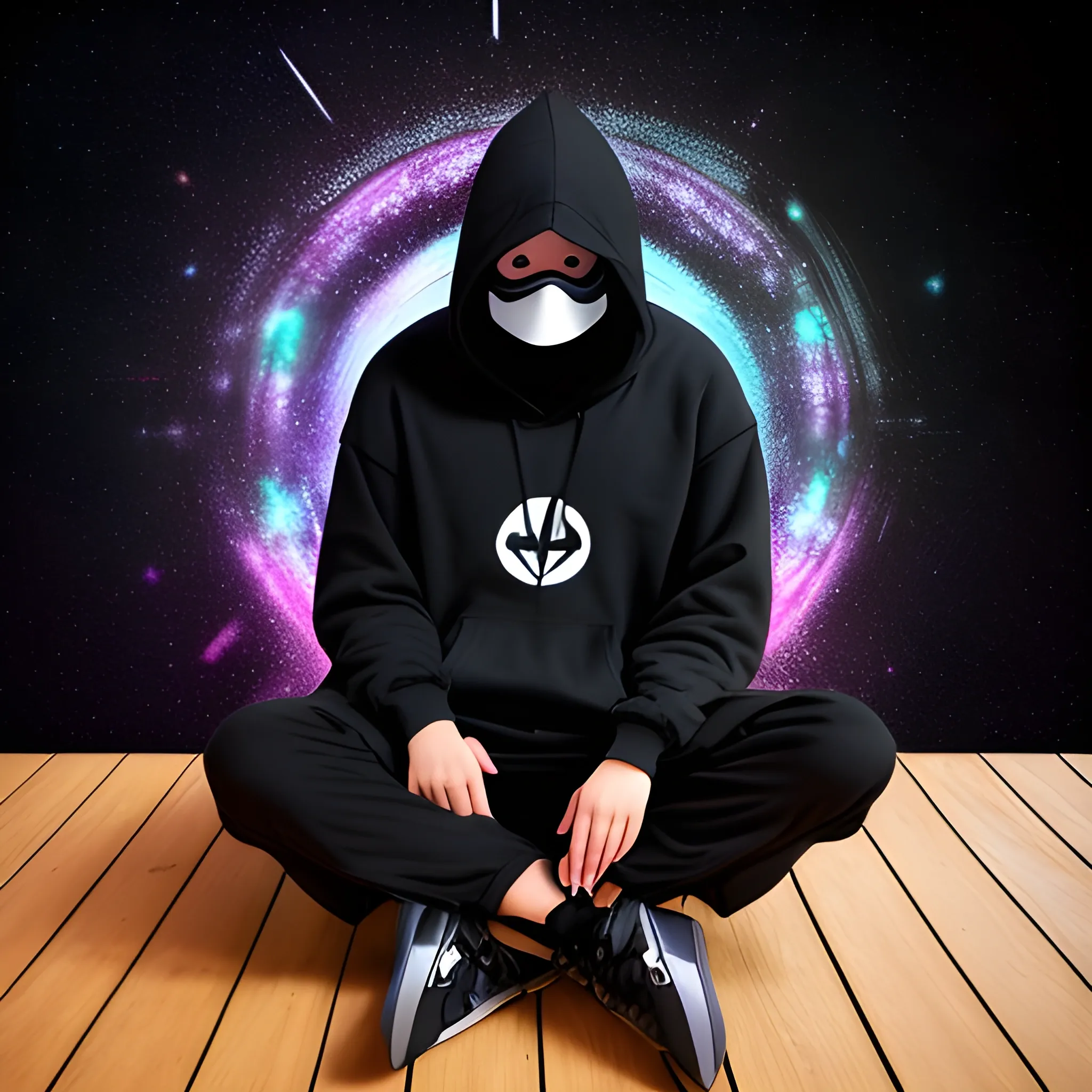 person wearing a black hoodie, plain black mask covering all of the face, outfit covers all the body, the person is centered, siting on a wooden chair, background is a blurry galactic picture, detailed, hyper realistic,, Cartoon, Trippy