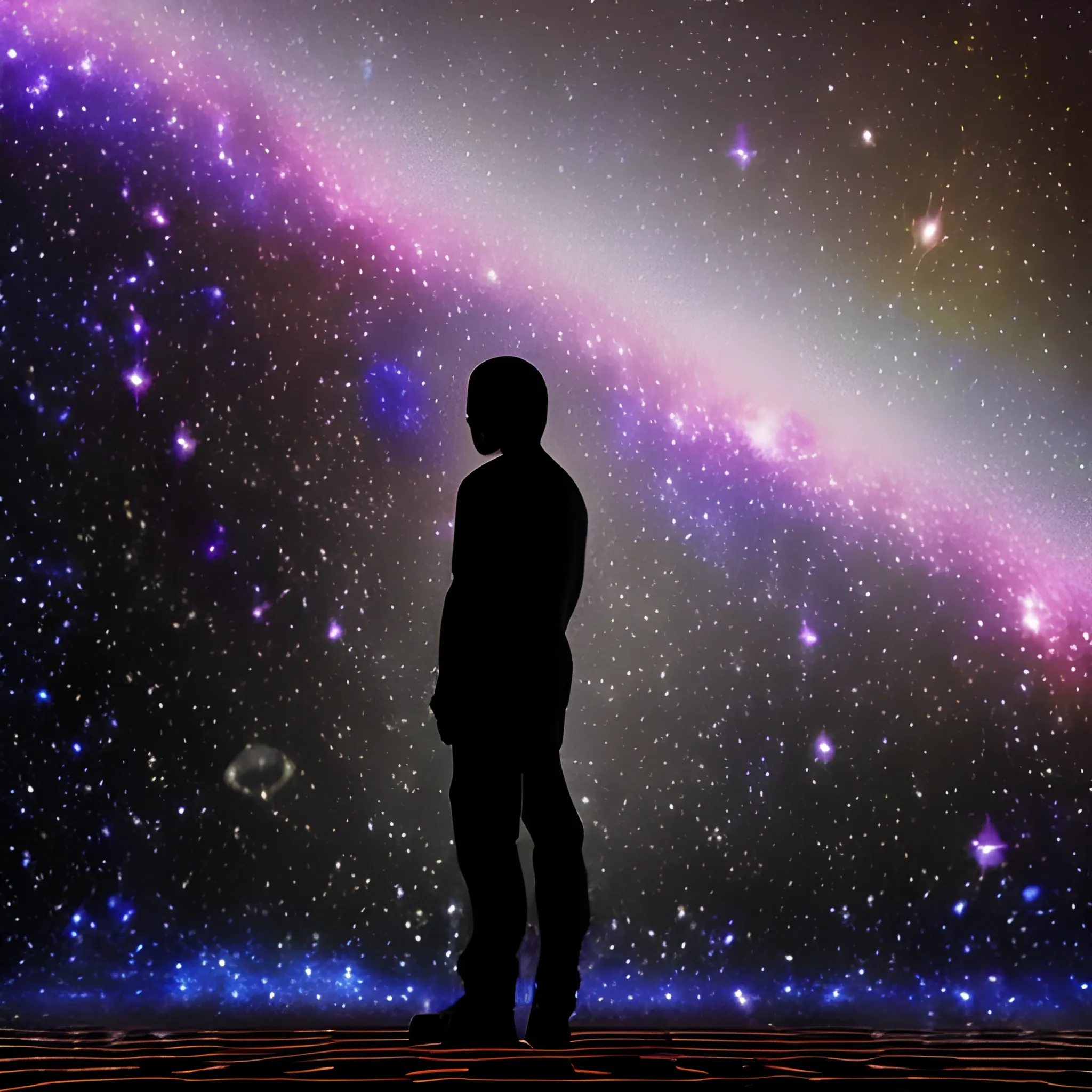 angle of death without wings, without weapon, without face, the angle is close up in a interview stance, the back ground is a bright blurry picture of a galaxy full of stars., Cartoon