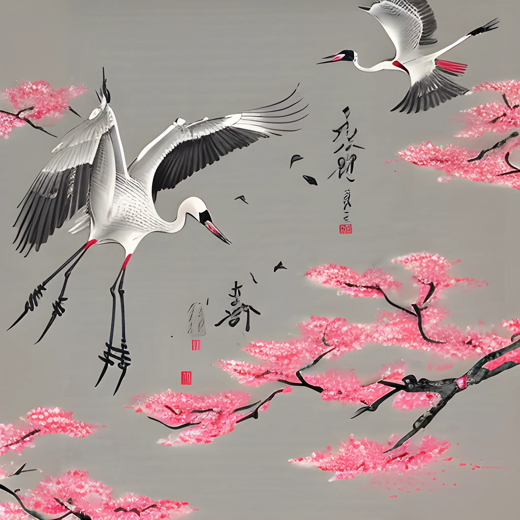 Cranes flying over the cherry blossoms, elegant calligraphy, ink wash, light gray red, antique, the use of traditional techniques