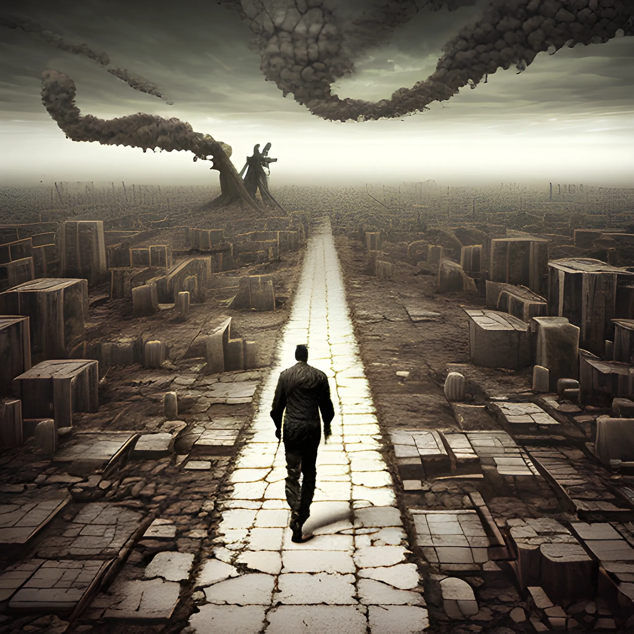 Psychédélique art ,  psychédélique man walking in a apocalyptique world , 3D