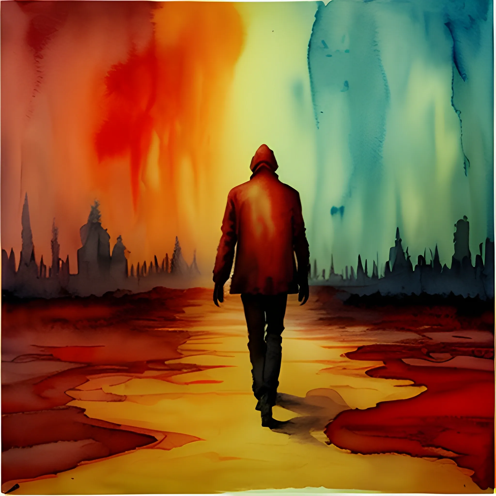 Psychédélique art ,  psychédélique man walking to a red sunlet  in a apocalyptique and destroyed world , Water Color