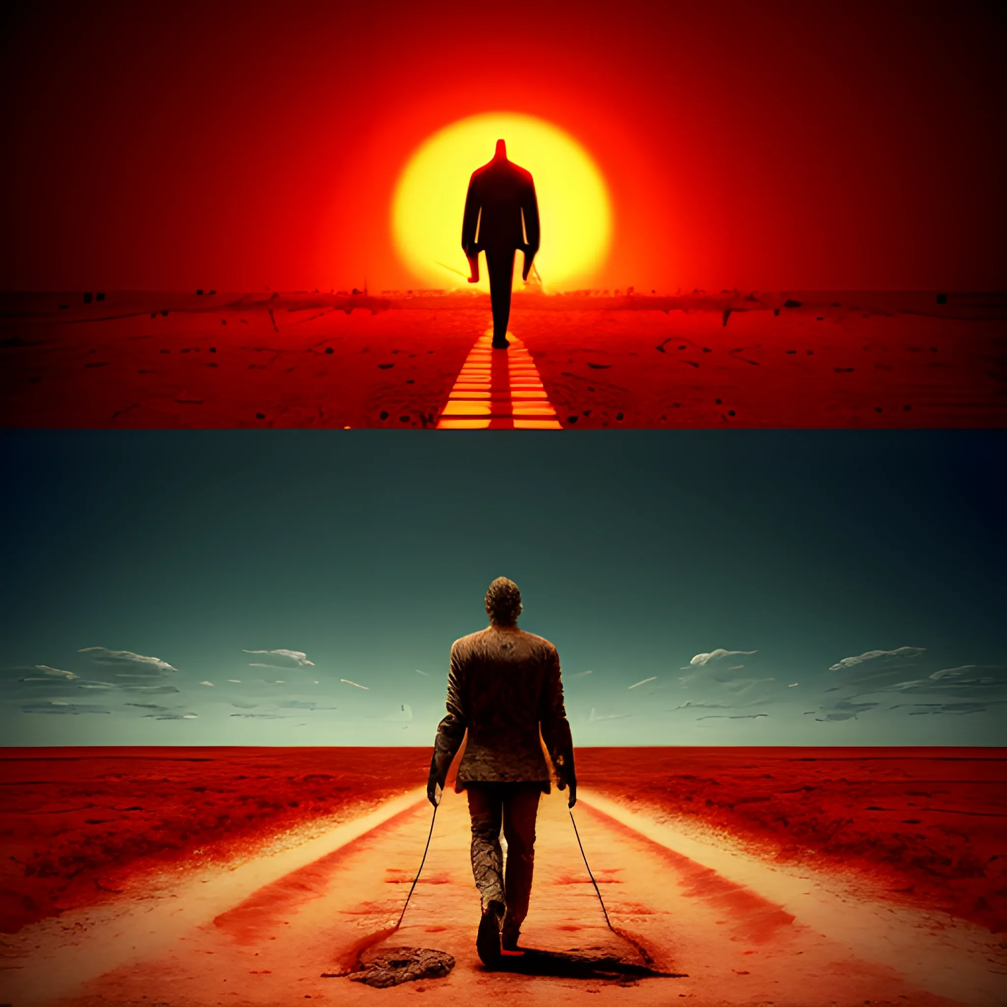 Psychédélique art ,  psychédélique man walking to a red sunlet  in a apocalyptique and destroyed world , 3D