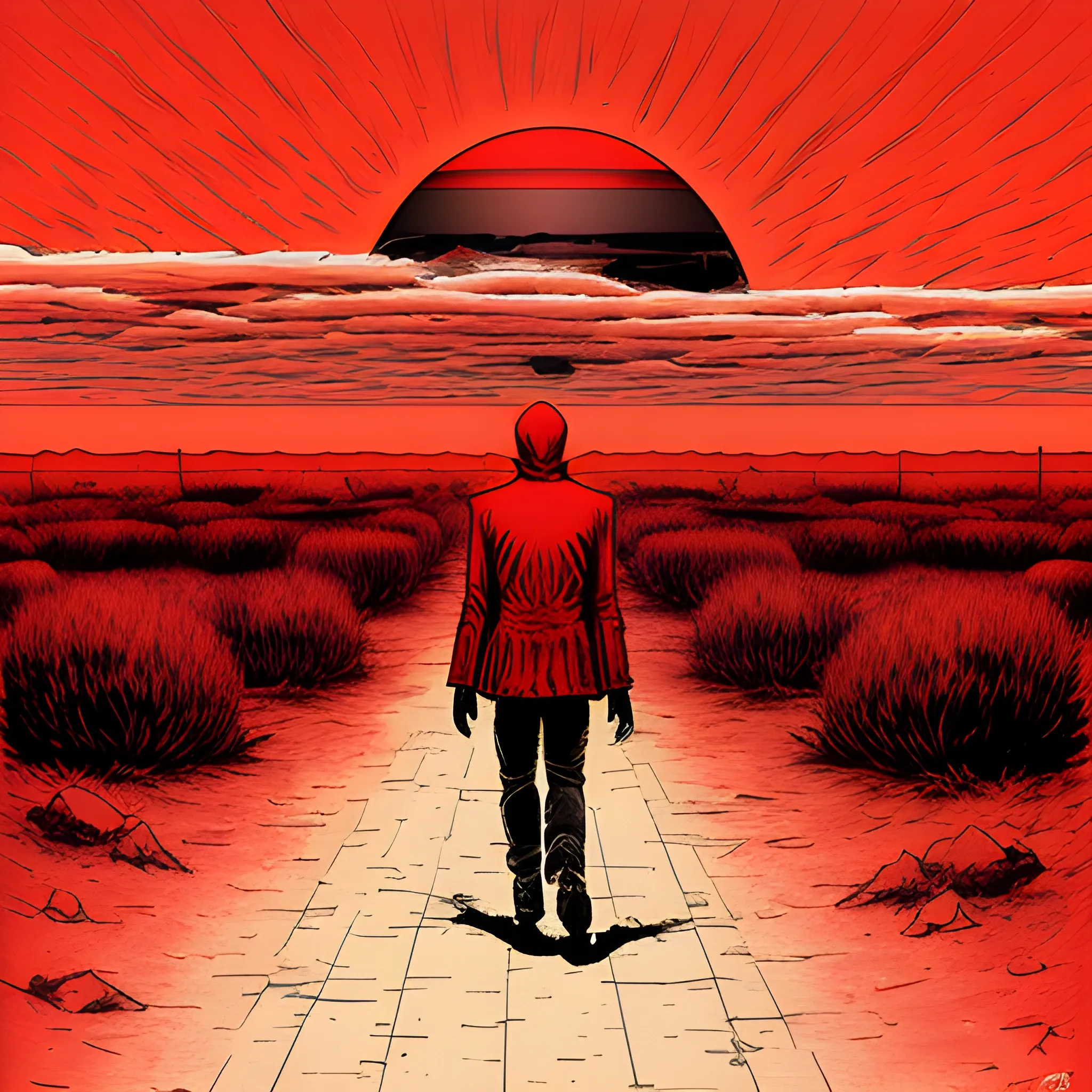 Psychédélique art ,  psychédélique man walking to a red sunlet  , in a apocalyptique and destroyed world , Cartoon