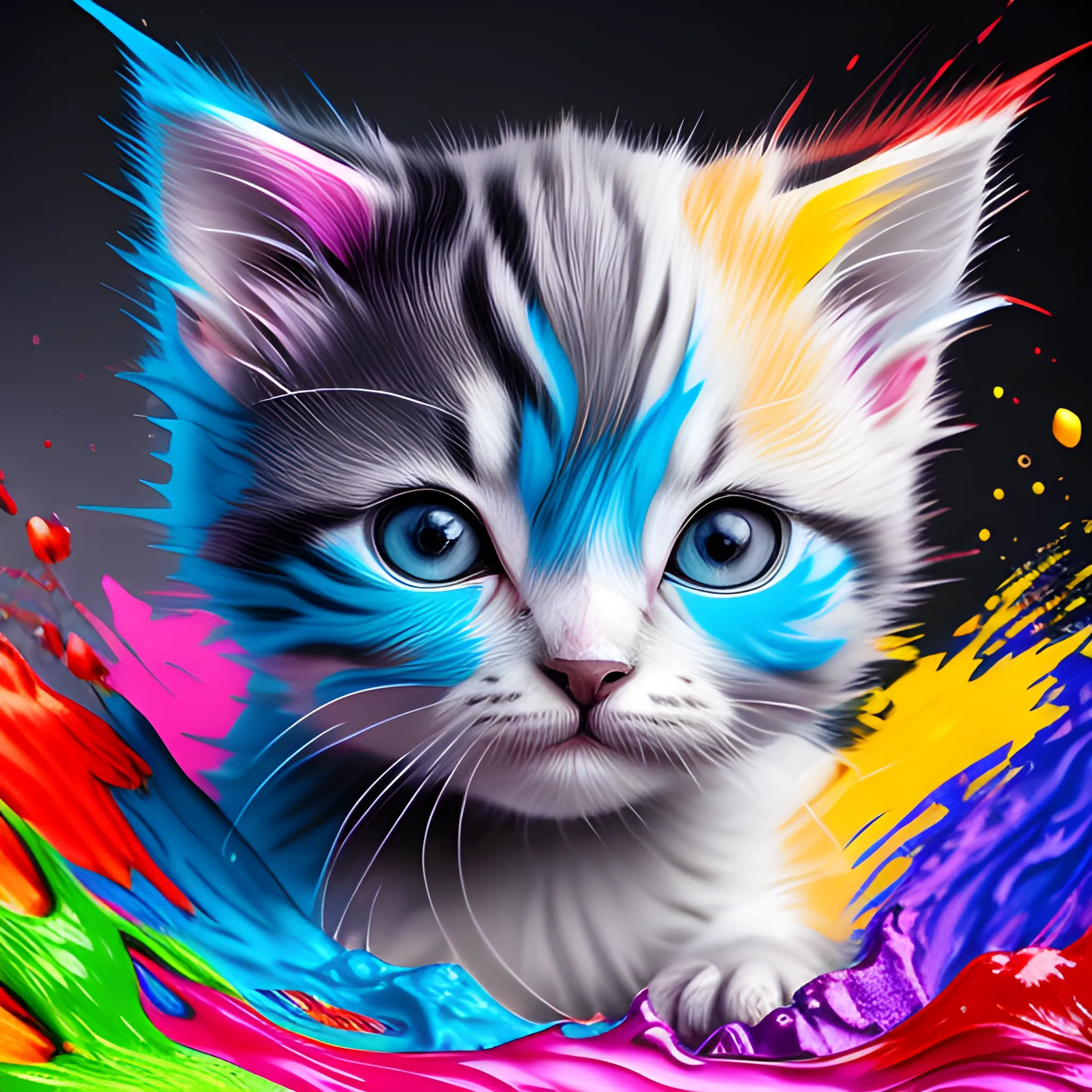 a liquid cute kitten made of colours, splash art, colorful paint ...