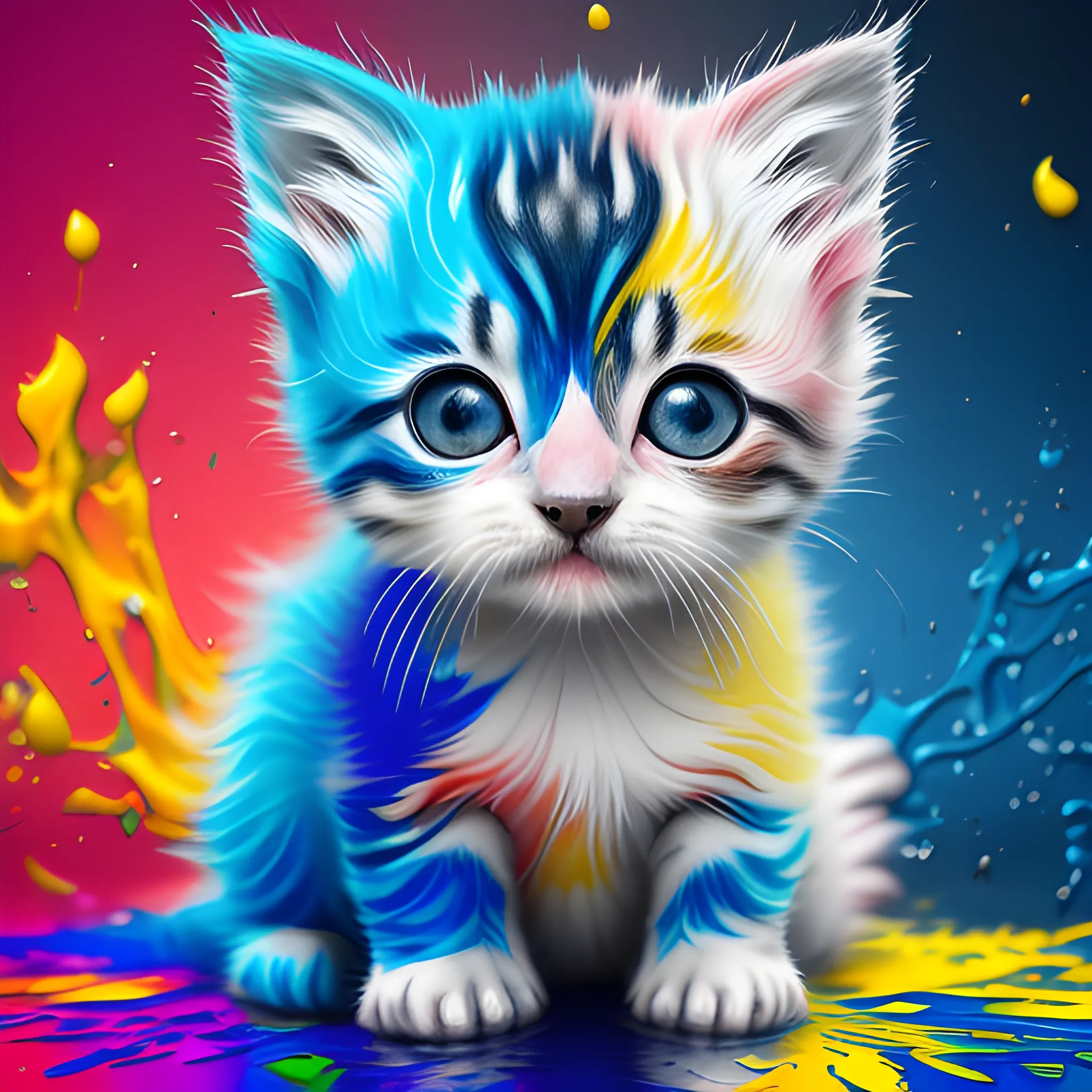 a liquid cute kitten made of paint, splash art, colorful paint splash background, super detailed, intricately detail, splash screen, vibrant colours, fantasy, concept art, 8k resolution, HDR, face only, fit to screen