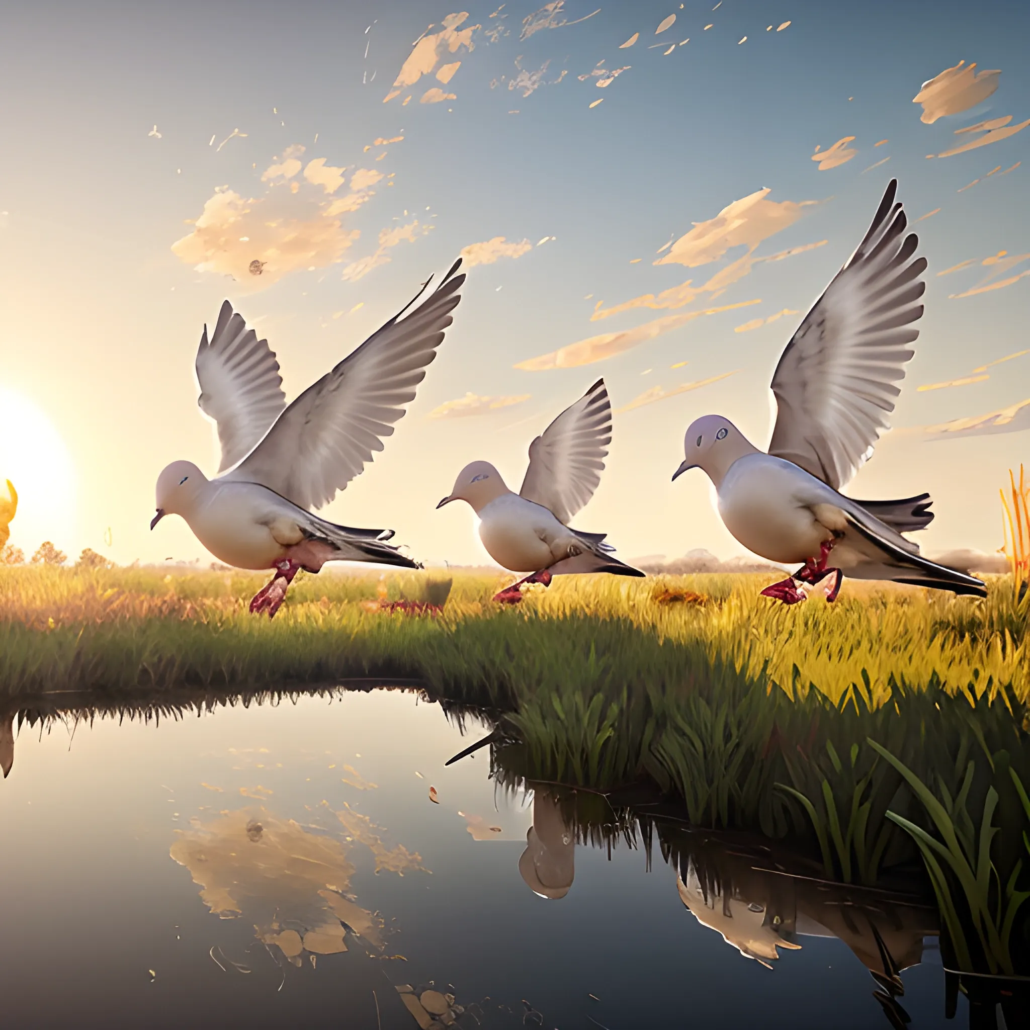 4 white and grey doves fly out of the water with reflection, a beautiful picture with water droplets all over the body. UHD, 4k, 8k, photorealistic, zoomed-in, sky and a grassy meadow in the background, golden hour with sun setting on the horizon, horizon zero dawn, no missing limbs, no extra limbs