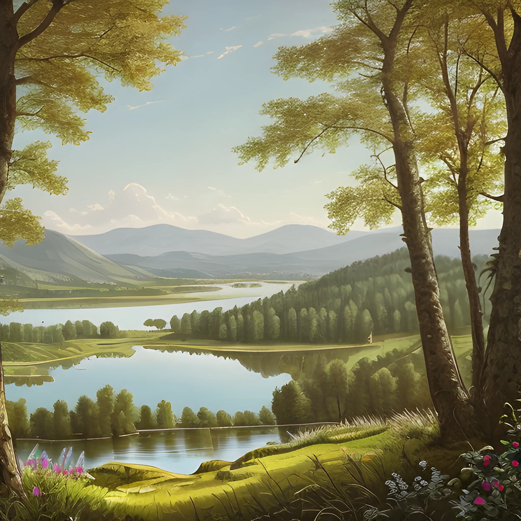 overlooking a landscape of lakes, woods and meadows - Arthub.ai