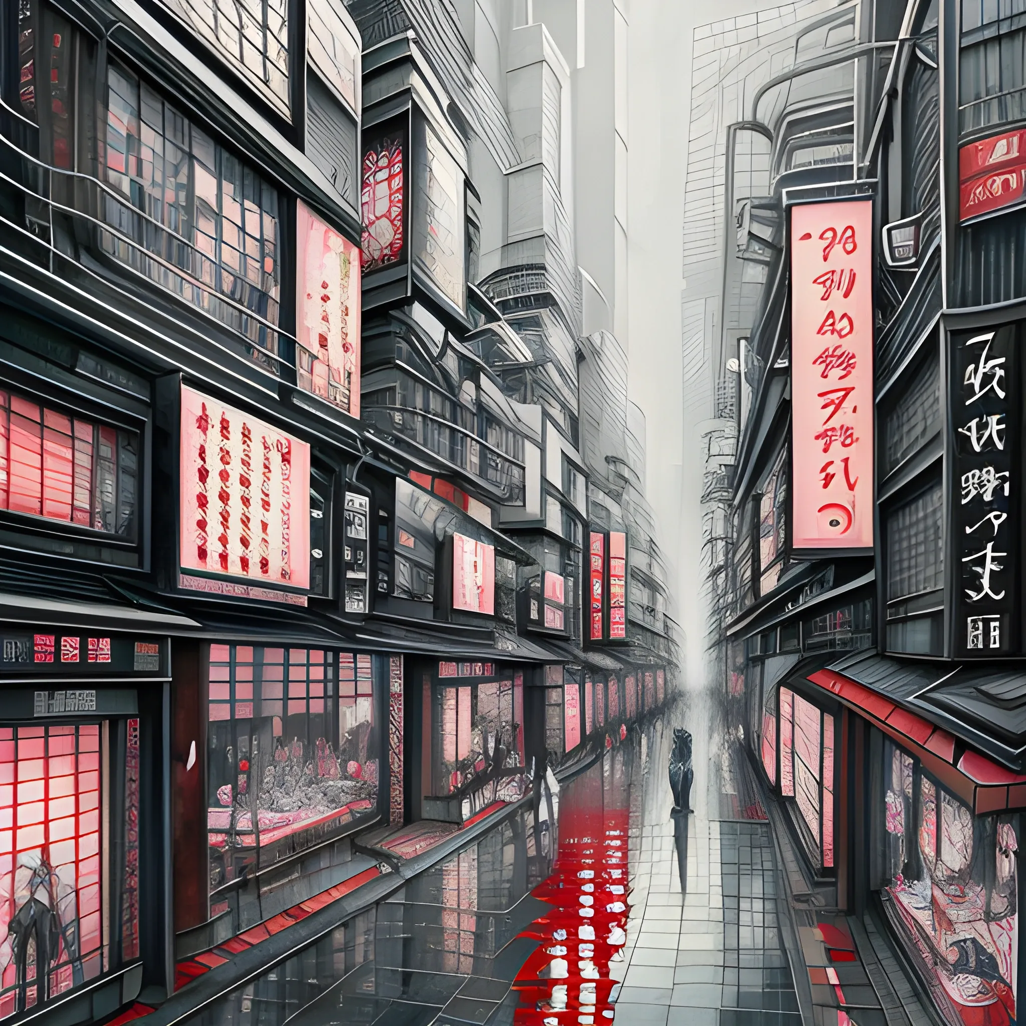 Tokyo metropolitan art style, bazaar, classical realism, surreal anime, cityscape, mysticism, gray tones and red, Trippy, 3D, Oil Painting, Water Color