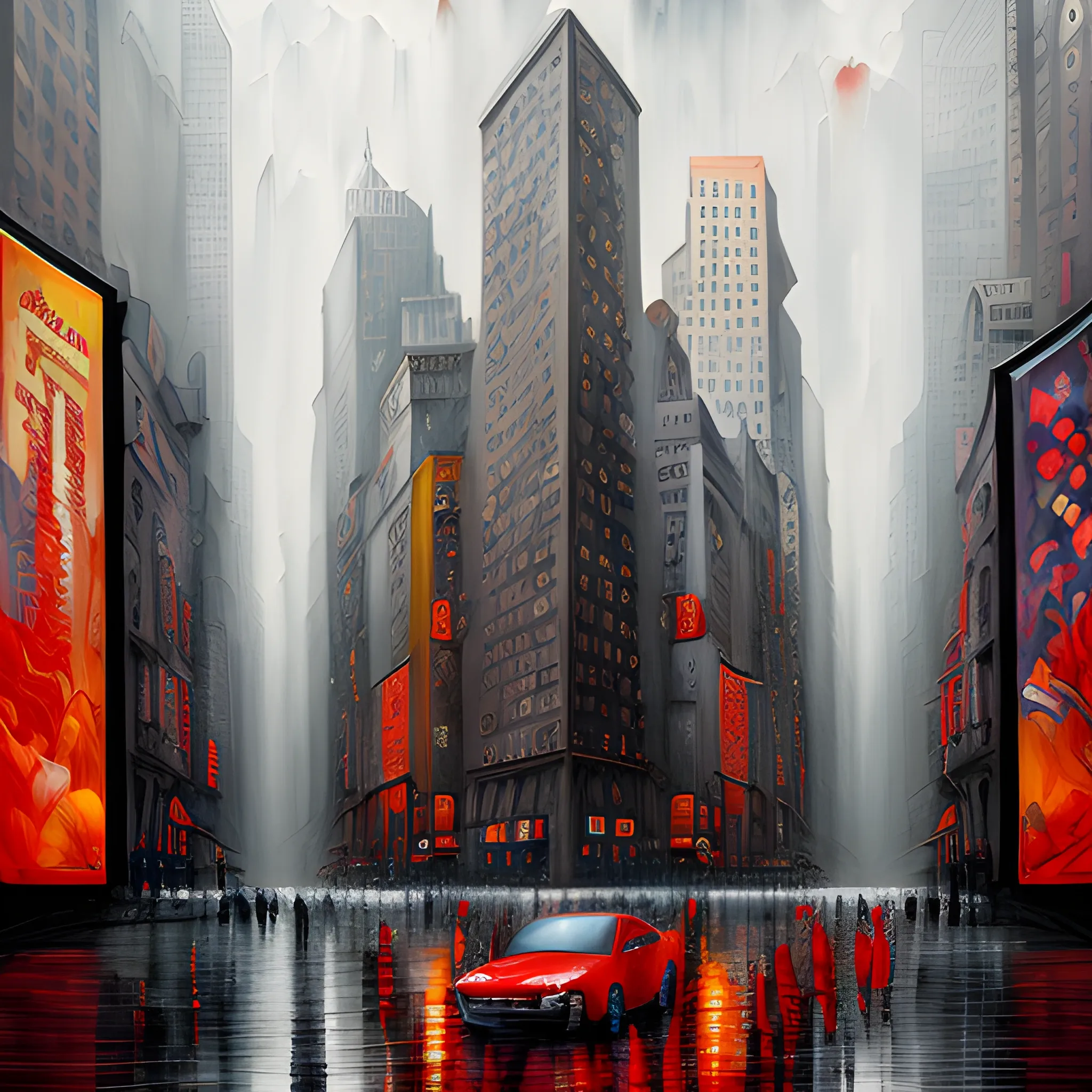 New York metropolitan art style, bazaar, classical realism, surreal anime, cityscape, mysticism, gray tones and red, Trippy, 3D, Oil Painting, Water Color