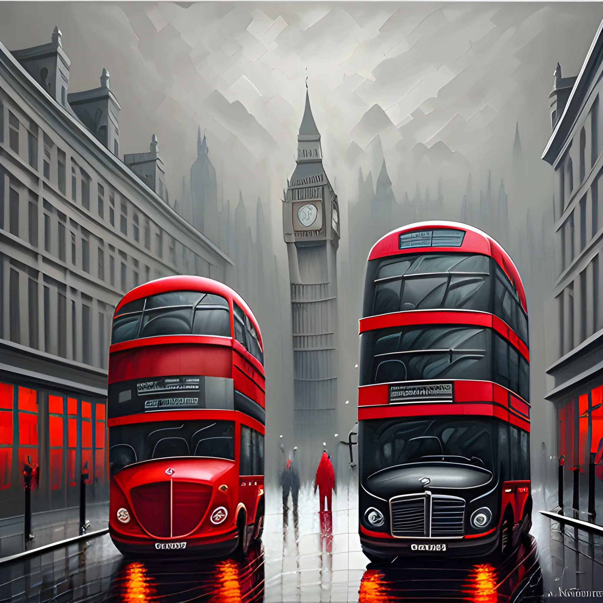 London metropolitan art style, bazaar, classical realism, cityscape, mysticism, gray tones and red, Trippy, 3D, Oil Painting, Water Color, Cartoon