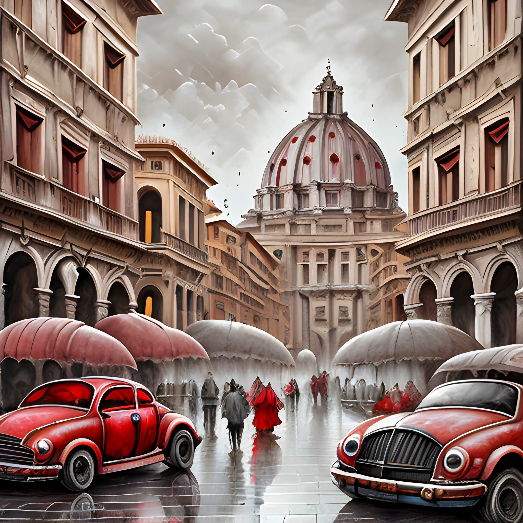 Roma metropolitan art style, bazaar, classical realism, cityscape, mysticism, gray tones and red, Trippy, 3D, Oil Painting, Water Color, Cartoon