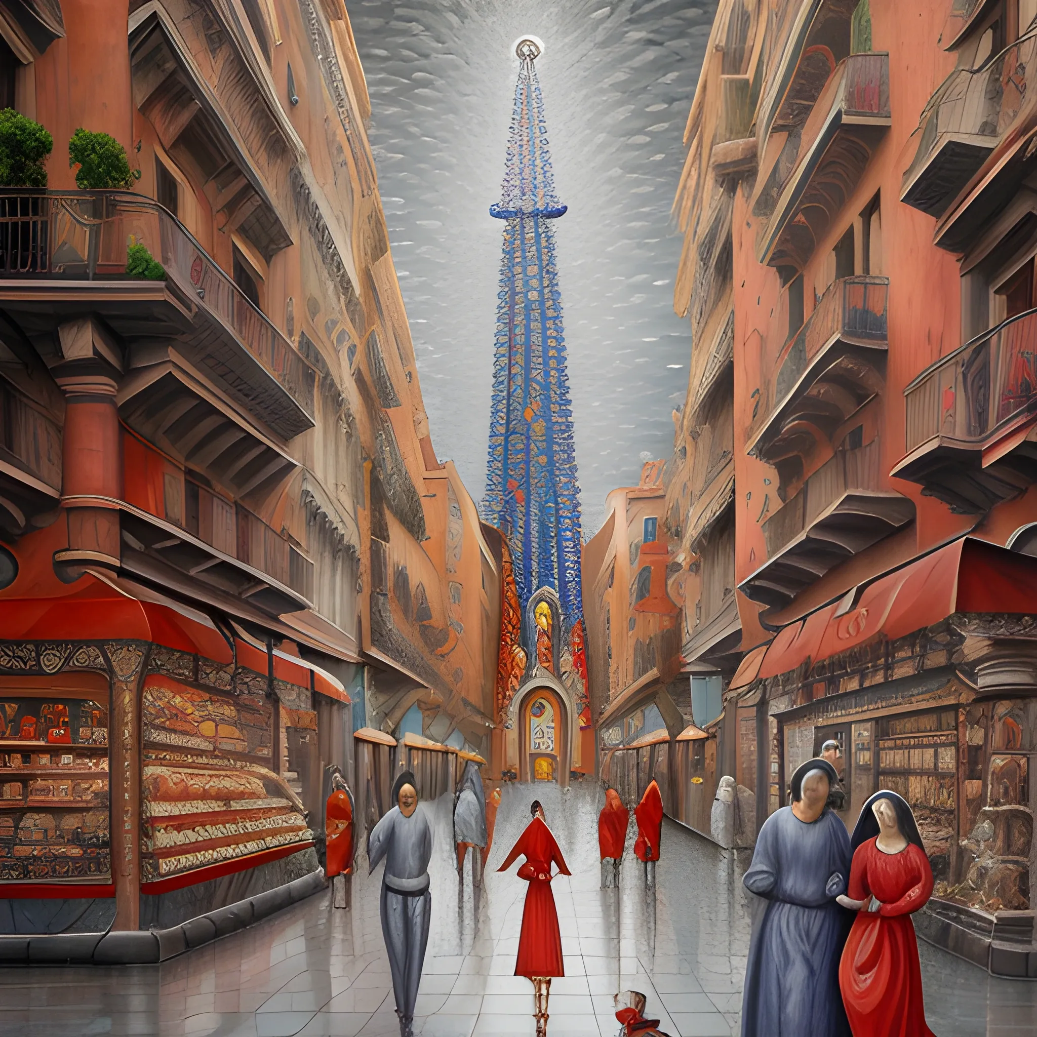 the Holy Family, Barcelona metropolitan art style, bazaar, classical realism, cityscape, mysticism, gray tones and red, Trippy, 3D, Oil Painting, Water Color, Cartoon