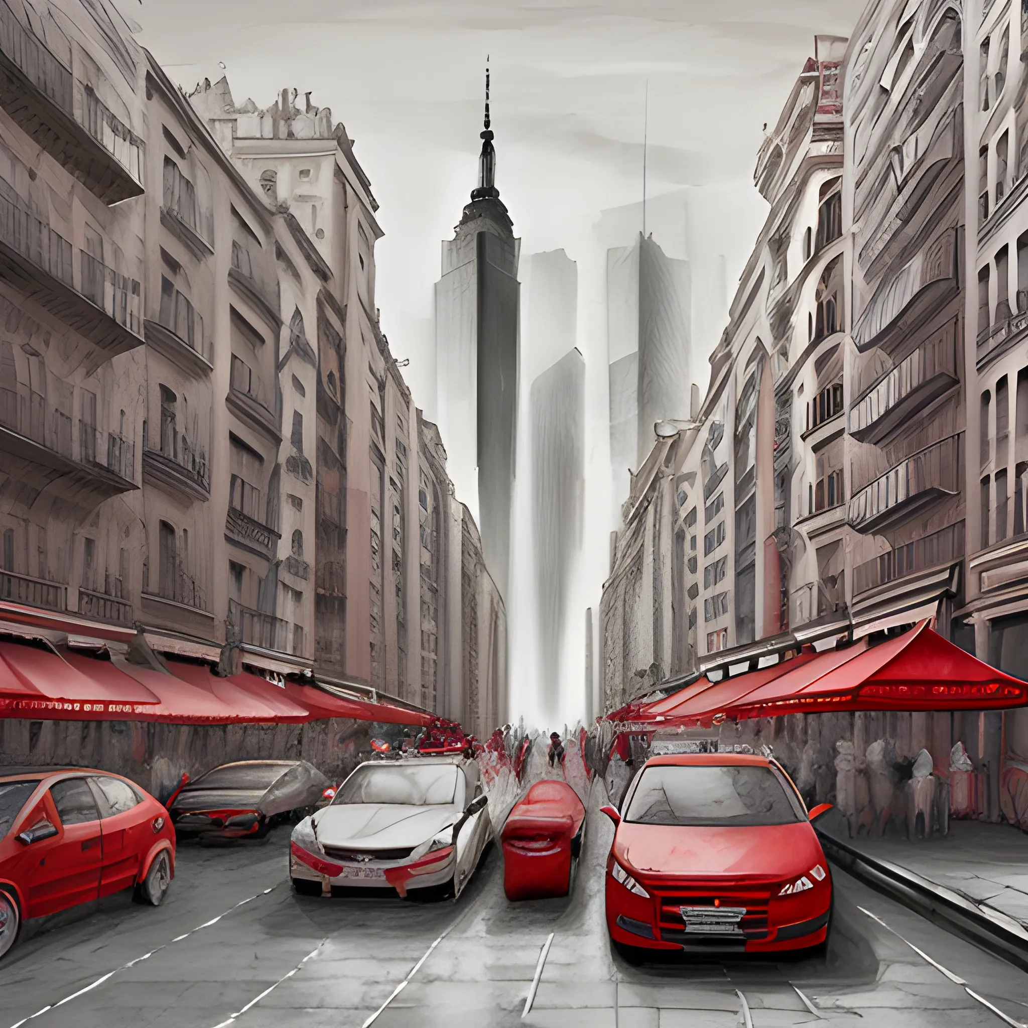 New York Barcelona metropolitan art style, bazaar, classical realism, cityscape, mysticism, gray tones and red, 3D, Water Color