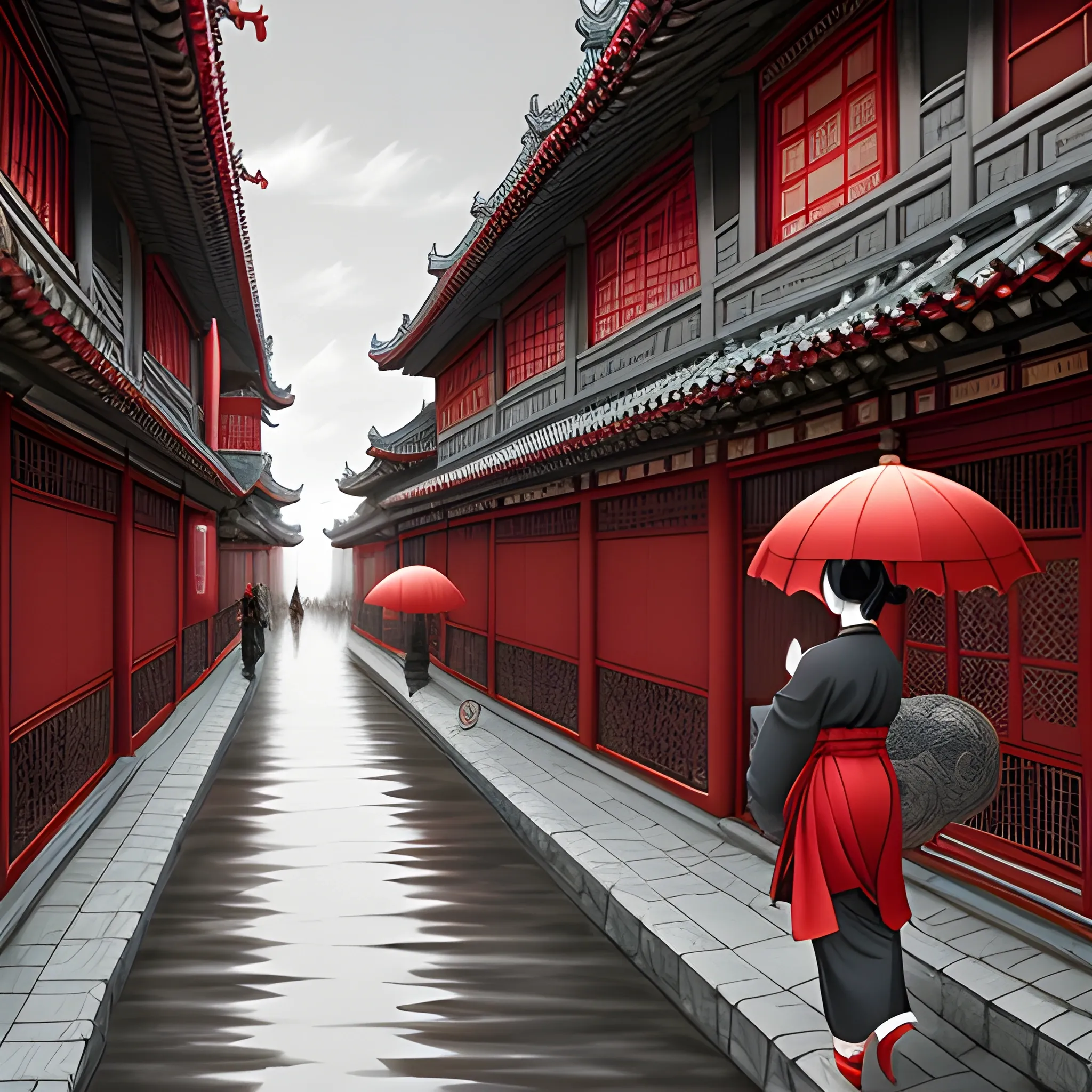 Ming dynasty urban style, Jinyiwei, classical realism, surreal animation, cityscape, mysticism, gray tones and red, Tokyo metropolitan art style, bazaar, classical realism, surreal anime, cityscape, mysticism, gray tones and red