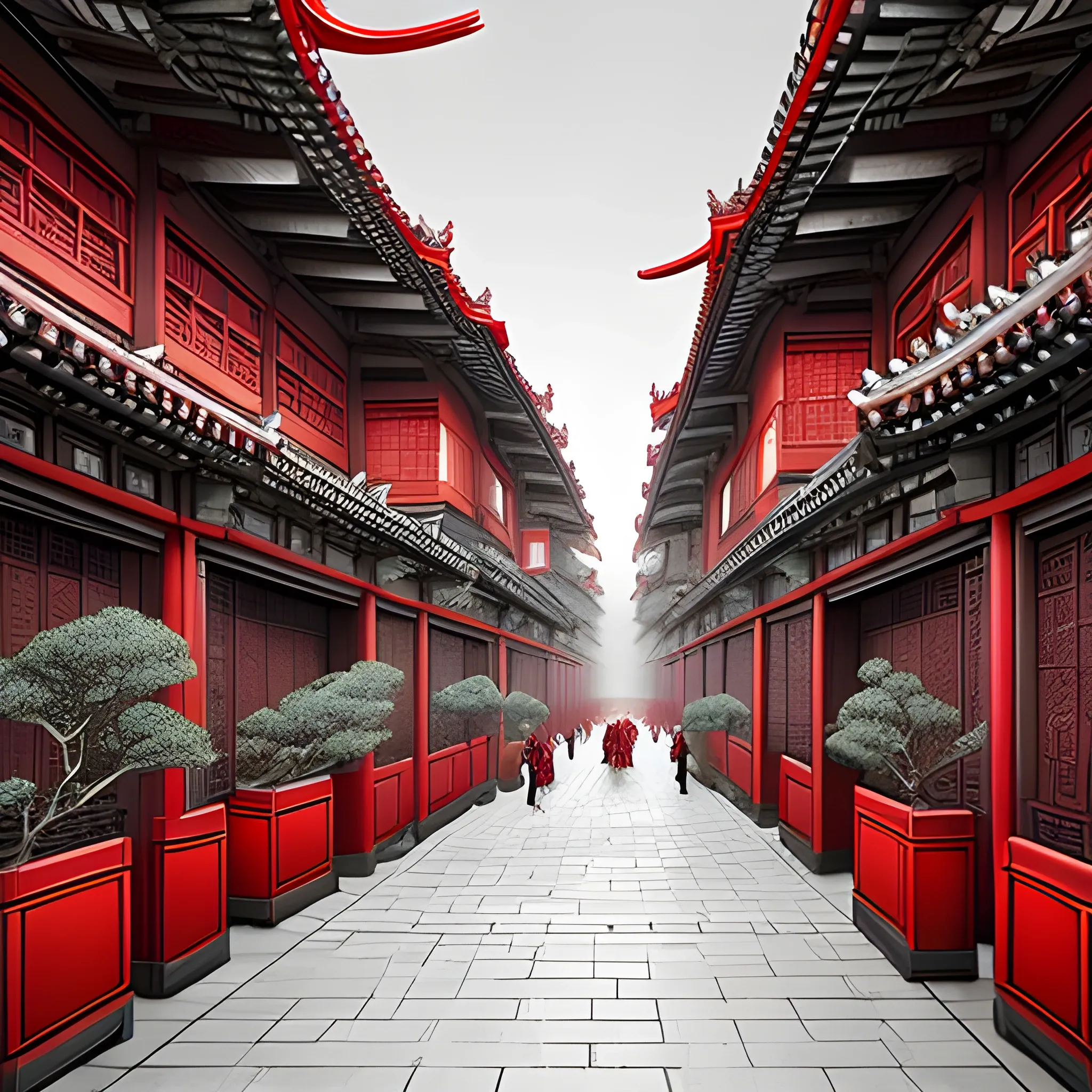 Ming dynasty urban style, Jinyiwei, classical realism, surreal animation, cityscape, mysticism, gray tones and red, Tokyo metropolitan art style, bazaar, classical realism, surreal anime, cityscape, mysticism, gray tones and red