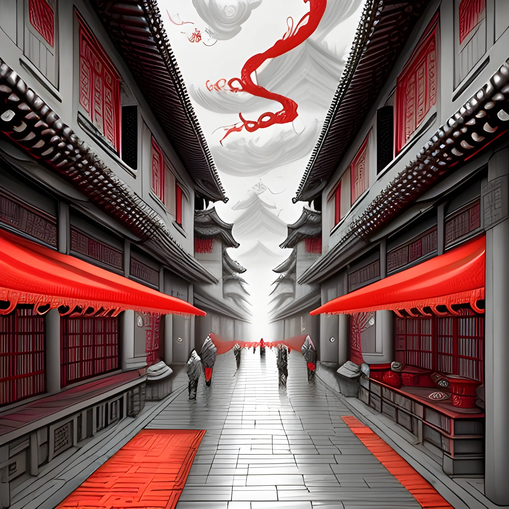 Ming dynasty urban style, Jinyiwei, classical realism, surreal animation, cityscape, mysticism, gray tones and red, Tokyo metropolitan art style, bazaar, classical realism, surreal anime, cityscape, mysticism, gray tones and red, Pencil Sketch, 3D, Cartoon