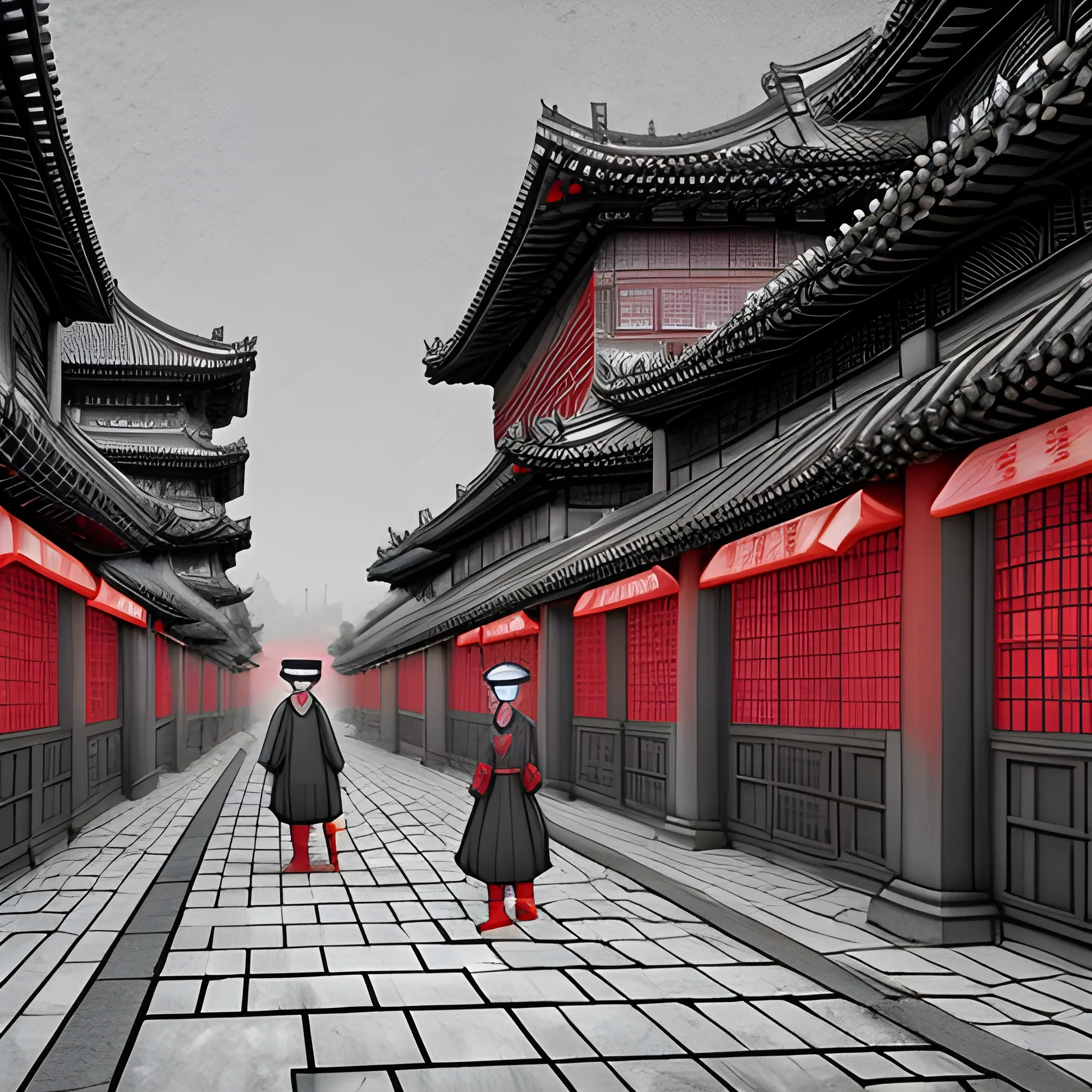 Ming dynasty urban style, Jinyiwei, classical realism, surreal animation, cityscape, mysticism, gray tones and red, Tokyo metropolitan art style, bazaar, classical realism, surreal anime, cityscape, mysticism, gray tones and red, Pencil Sketch, 3D, Cartoon, 3D