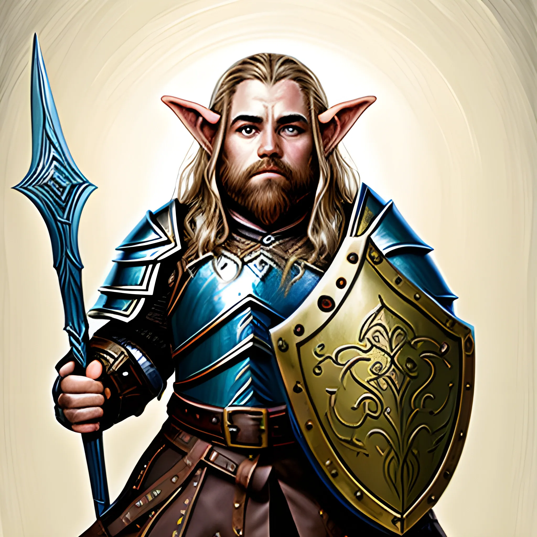 Elven dwarf in armor holding a shield, expressionism, in bold, broad strokes, high detail digital art, realistic.