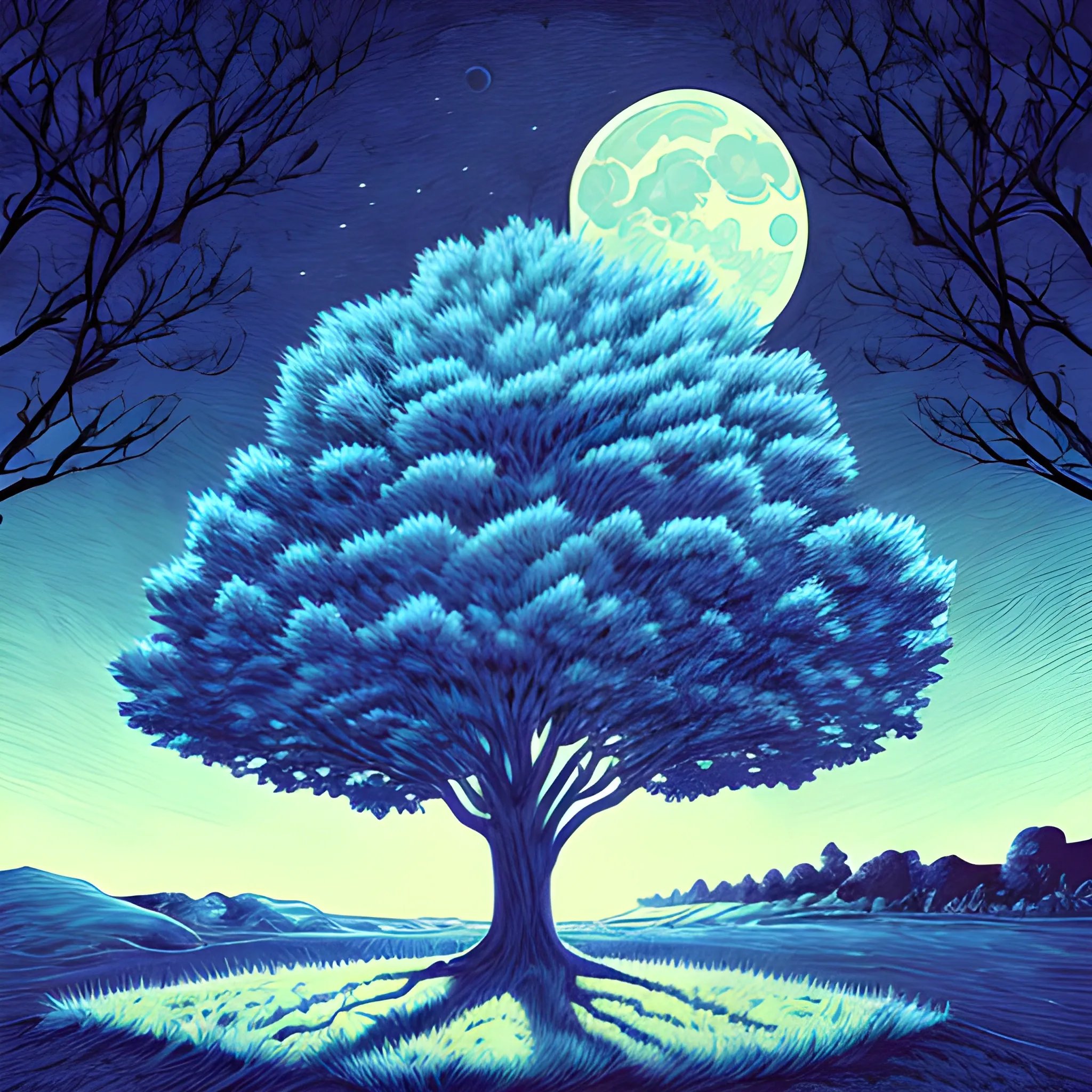 High detail, comic book style illustration, blue landscape scene with a tree under the moonlight, surreal style