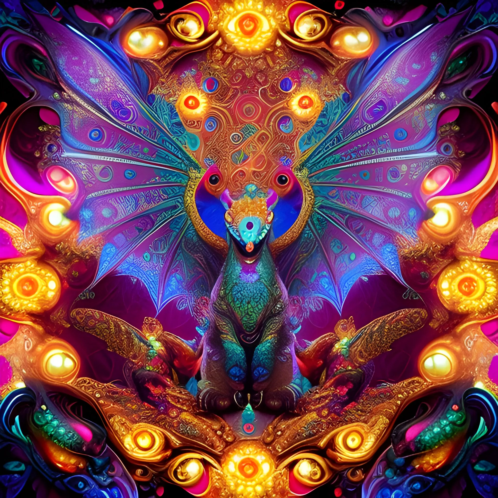 dragon bear, fire psychedelic, cute eyes, dragon wings, bear claws, peacock feathers, filigree laser fractal details, glistening shiny scales, intricate ornate hypermaximalist sharp focus, dramatic lighting, highly detailed and intricate, hyper maximalist, ornate, photographic style, luxury, elite, haunting matte painting, cinematic
