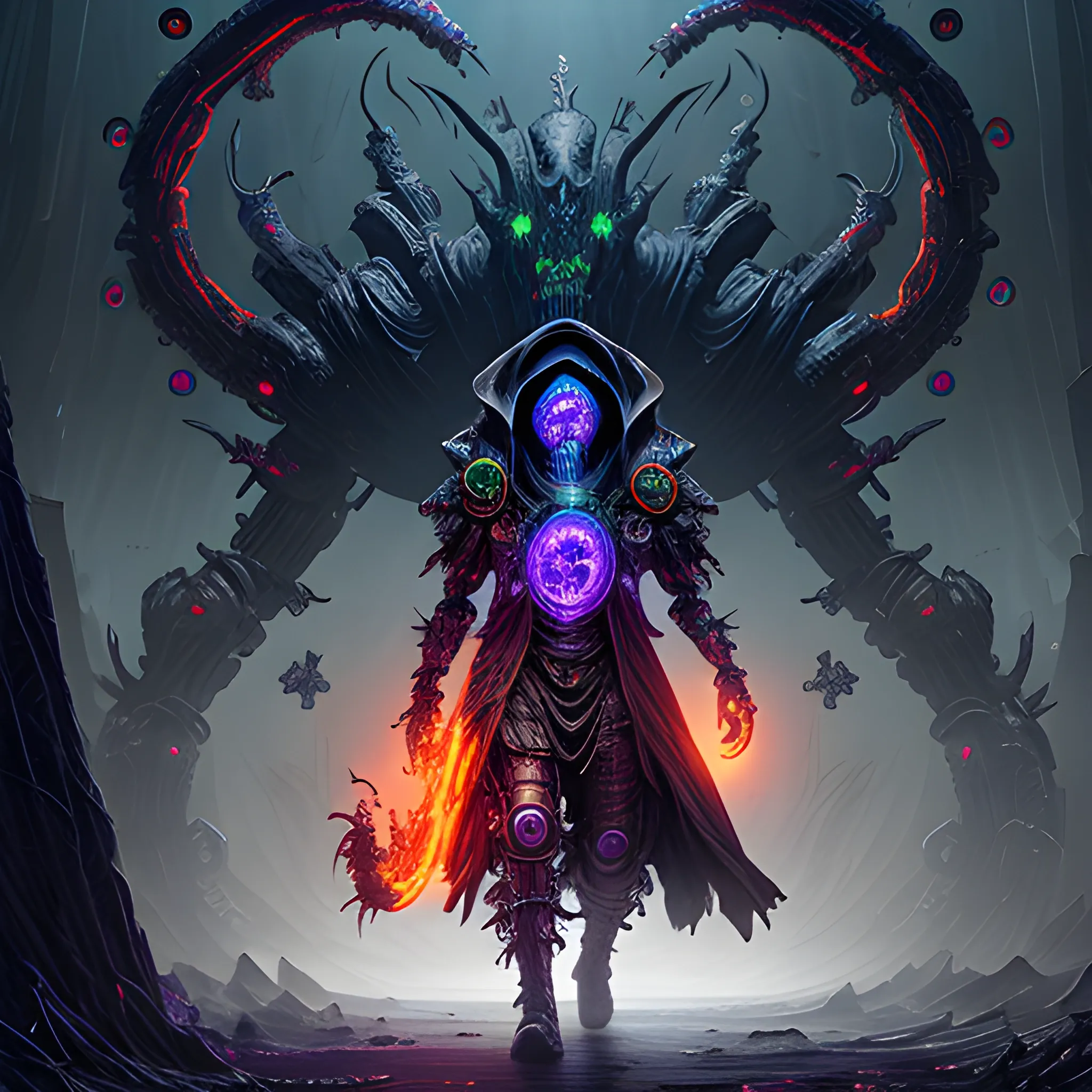 giant hooded cosmic horror eldritch god mech wearing a witch doctor mask walking in a landscape made up of bio mass, bio mechanical, dark background, detailed background, hyper realistic, Electric Colors, Melancholic, Unreal Engine, dreamlikeart