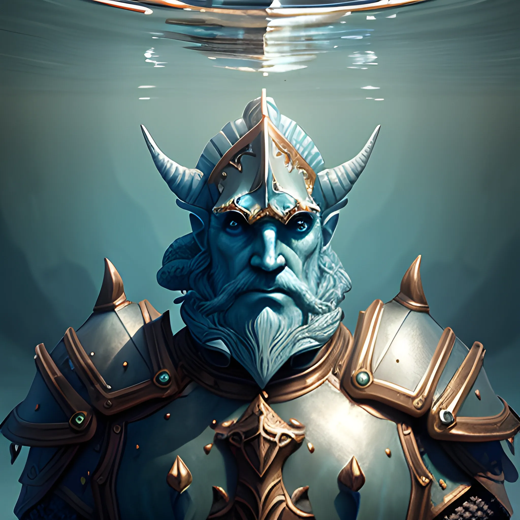 Armored old merfolk Triton paladin, high detailed, reflection, portrait, rim lighting, in shimmering ocean background, dnd, high fantasy, hd, render, Artstation, dnd, strong, calm, portrait